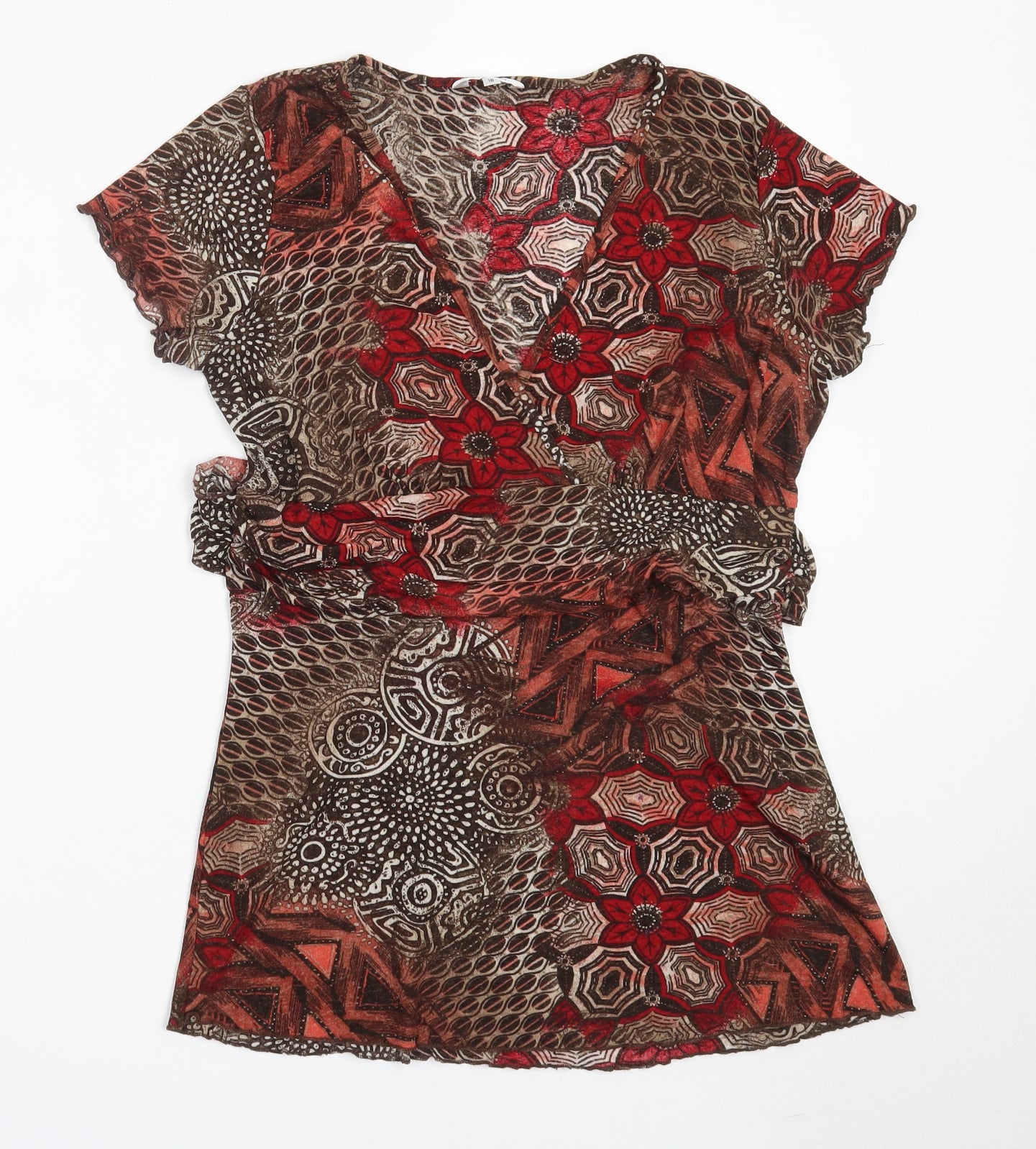 M&Co Womens Brown Geometric Polyester Basic Blouse Size 16 V-Neck