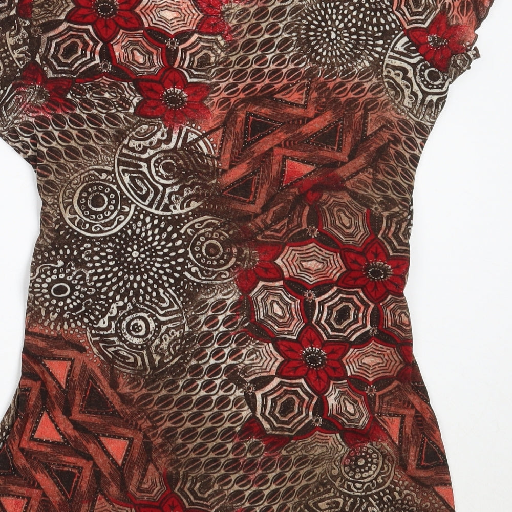 M&Co Womens Brown Geometric Polyester Basic Blouse Size 16 V-Neck