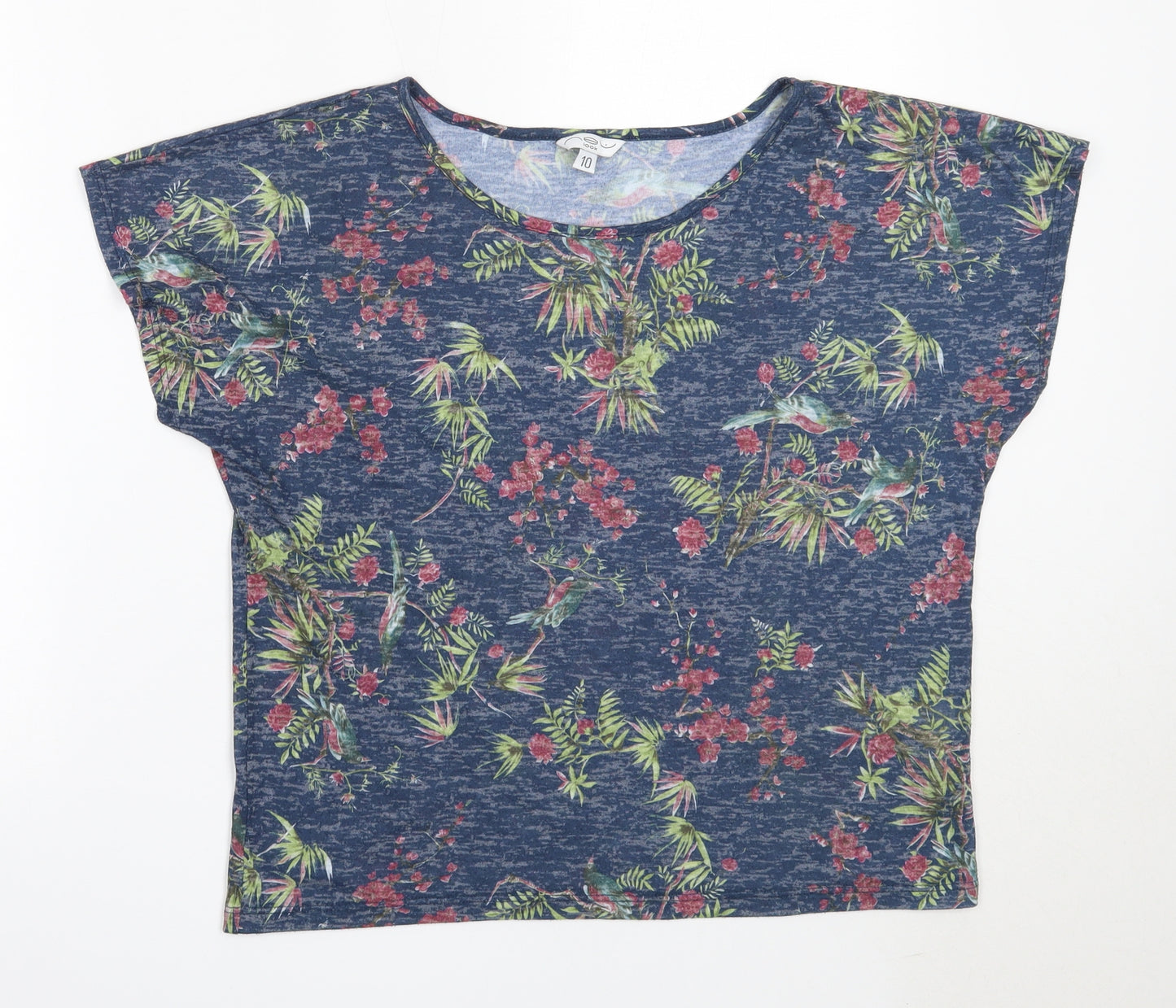 New Look Womens Blue Floral Polyester Basic T-Shirt Size 10 Round Neck