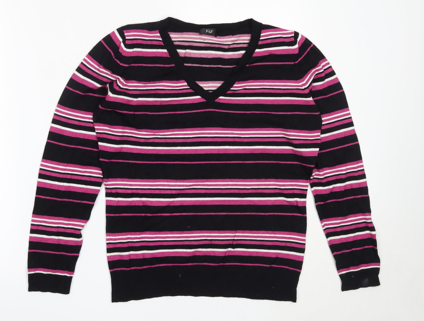 F&F Womens Black V-Neck Striped Viscose Pullover Jumper Size 14