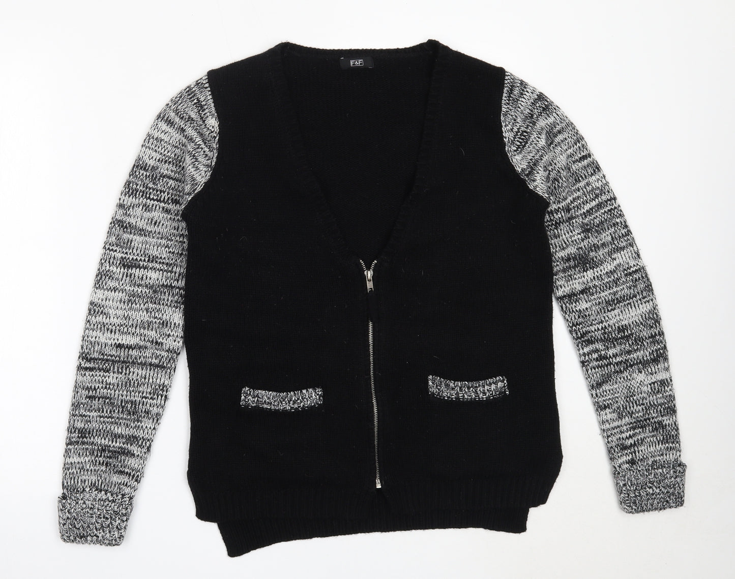 F&F Womens Black V-Neck  Acrylic Cardigan Jumper Size 12