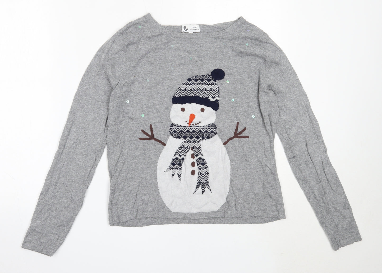 NEXT Womens Grey Round Neck  Cotton Pullover Jumper Size 12   - snowman