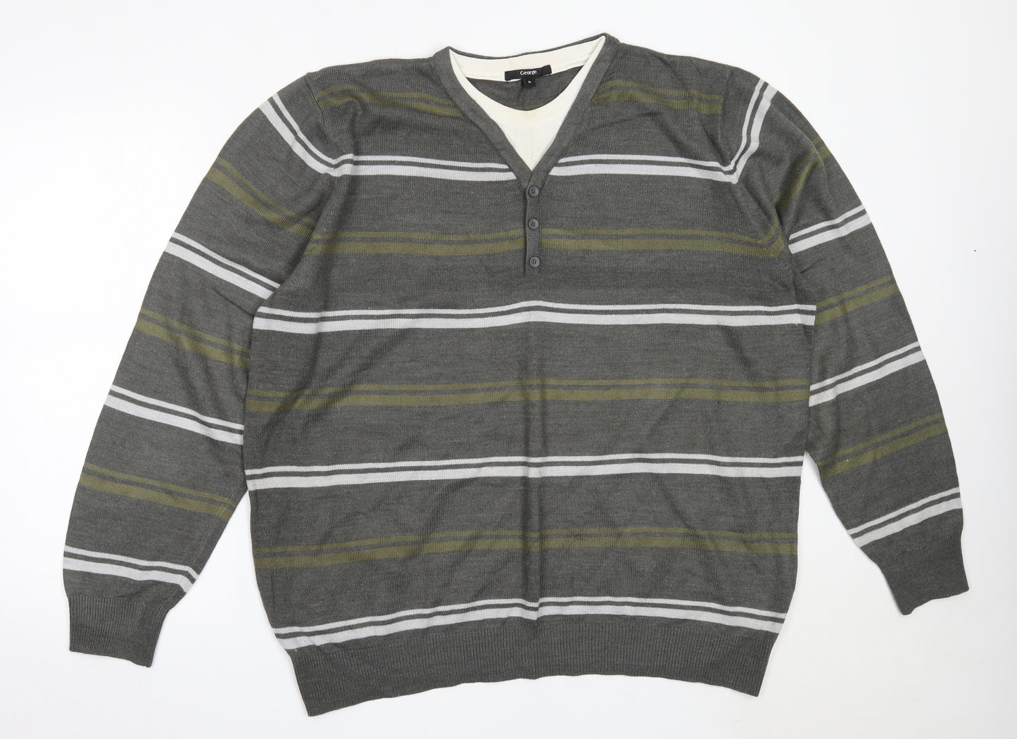 George Mens Green V-Neck Striped Acrylic Pullover Jumper Size XL