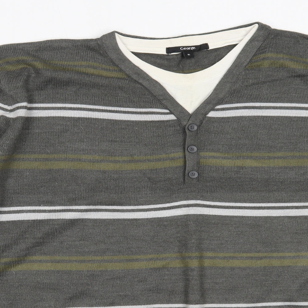 George Mens Green V-Neck Striped Acrylic Pullover Jumper Size XL