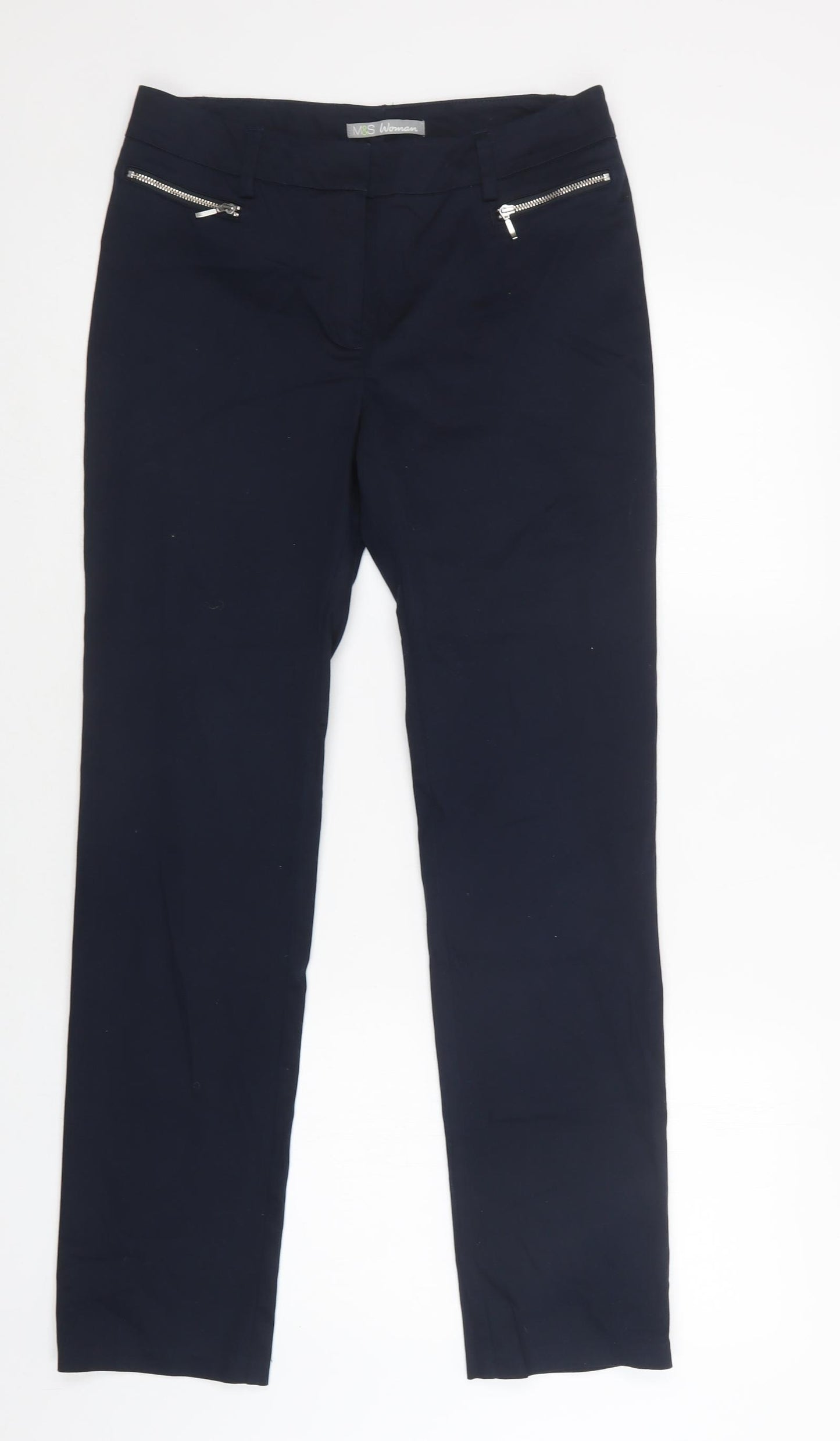 M&S Womens Blue  Cotton Dress Pants Trousers Size 10 L32 in Regular Hook & Loop