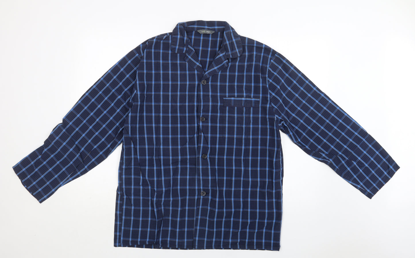 M&S Mens Blue Check Cotton  Pyjama Top Size M  Button