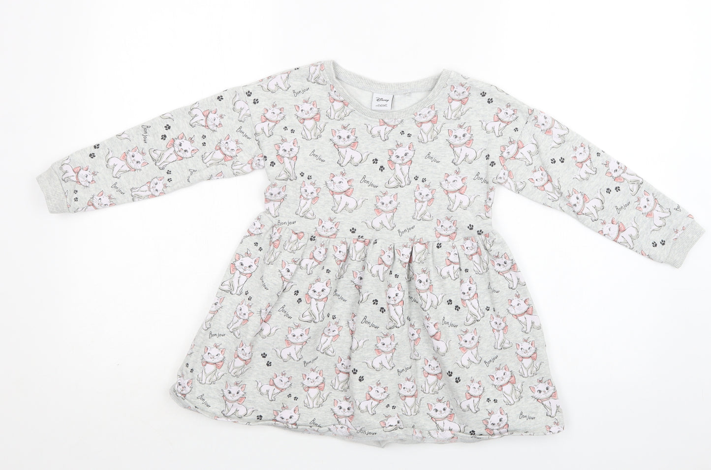 NEXT Girls Grey Geometric Cotton Skater Dress  Size 4-5 Years  Crew Neck  - Cat Print
