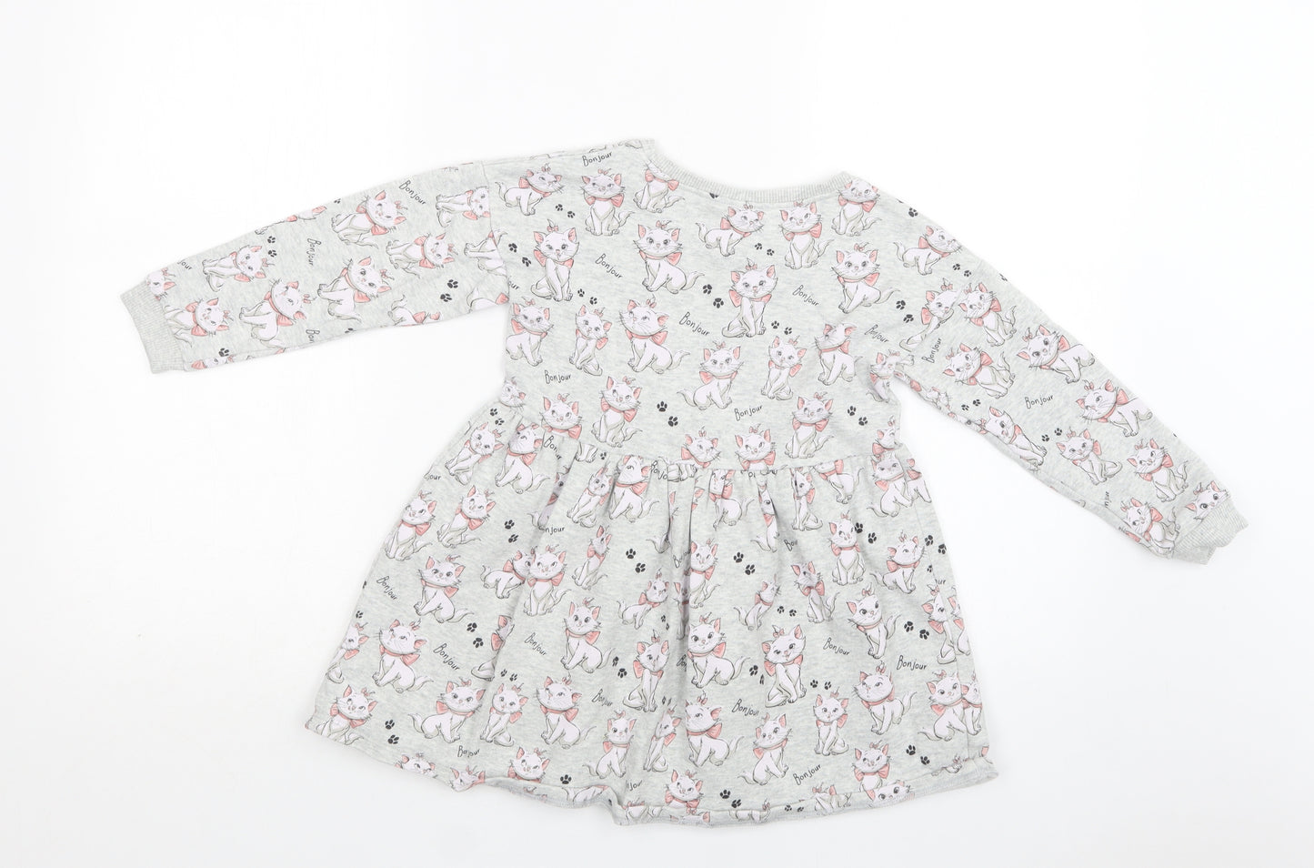 NEXT Girls Grey Geometric Cotton Skater Dress  Size 4-5 Years  Crew Neck  - Cat Print
