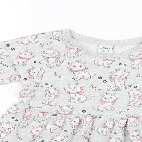 NEXT Girls Grey Geometric Cotton Skater Dress  Size 4-5 Years  Crew Neck  - Cat Print