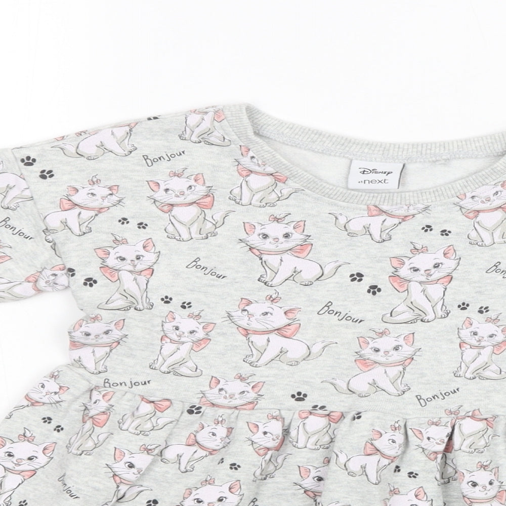 NEXT Girls Grey Geometric Cotton Skater Dress  Size 4-5 Years  Crew Neck  - Cat Print
