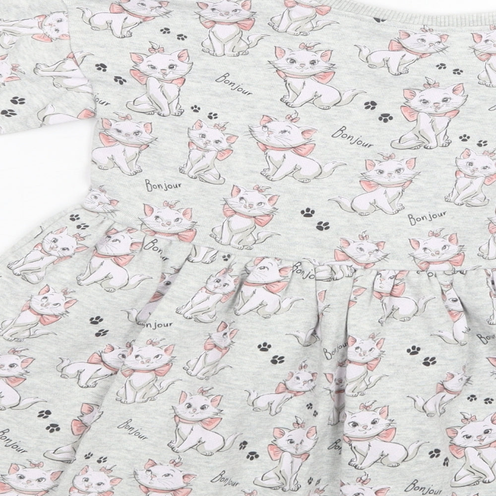 NEXT Girls Grey Geometric Cotton Skater Dress  Size 4-5 Years  Crew Neck  - Cat Print