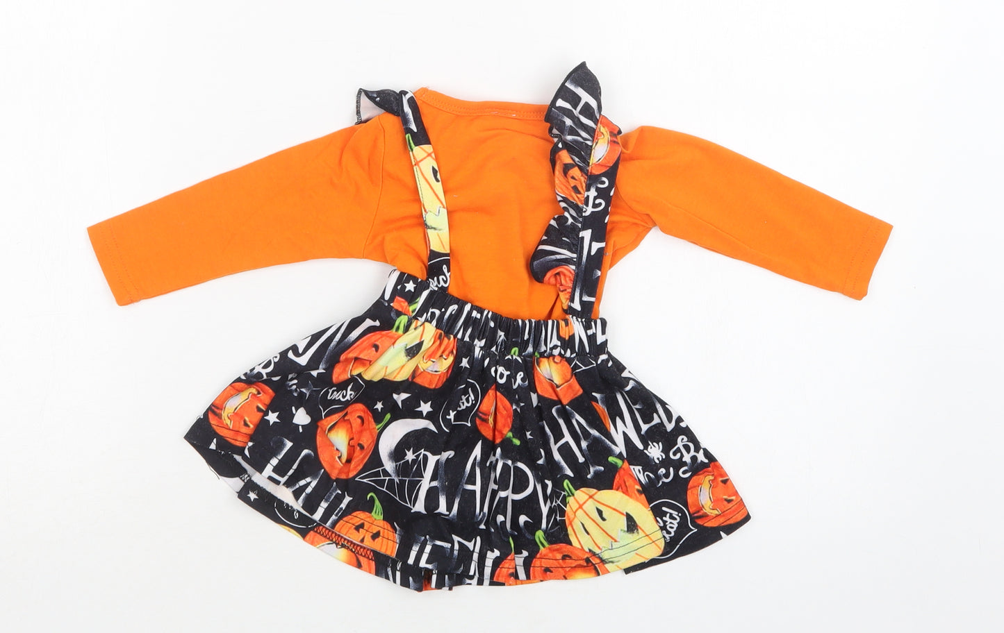 Preworn Baby Orange Geometric Cotton Pinafore/Dungaree Dress  Size 0-3 Months  Crew Neck Snap - Halloween