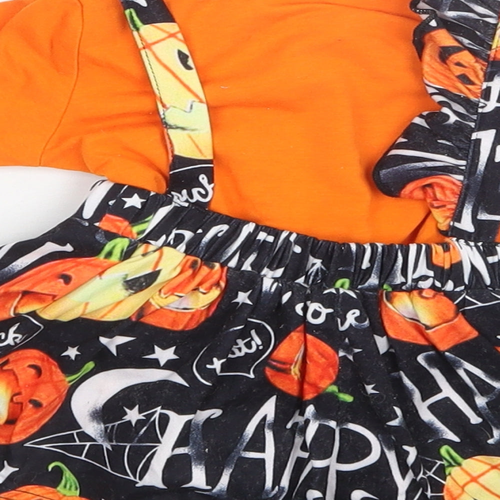 Preworn Baby Orange Geometric Cotton Pinafore/Dungaree Dress  Size 0-3 Months  Crew Neck Snap - Halloween