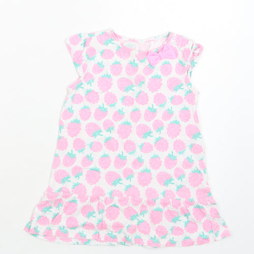 Smyk Baby White Floral Cotton A-Line  Size 12-18 Months  Crew Neck Snap - Strawberry Print