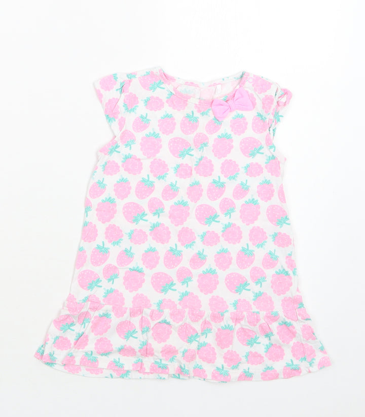 Smyk Baby White Floral Cotton A-Line Size 12-18 Months Crew Neck Snap - Strawberry Print