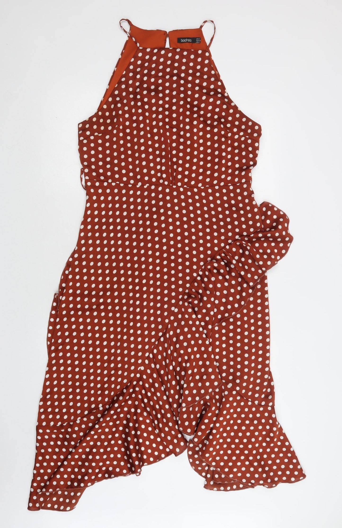 Boohoo Womens Brown Polka Dot Polyester A-Line  Size 16  Square Neck Zip