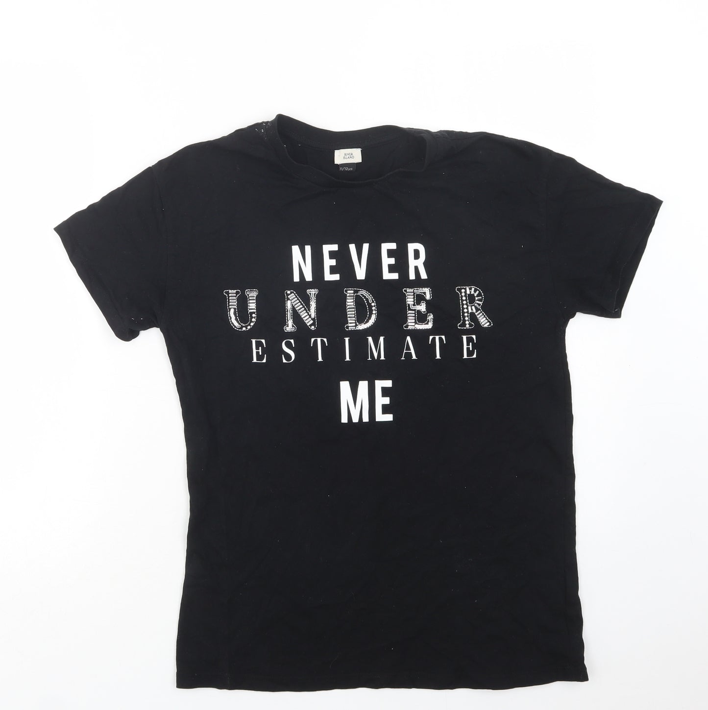 River Island Girls Black  Cotton Basic T-Shirt Size 11-12 Years Crew Neck