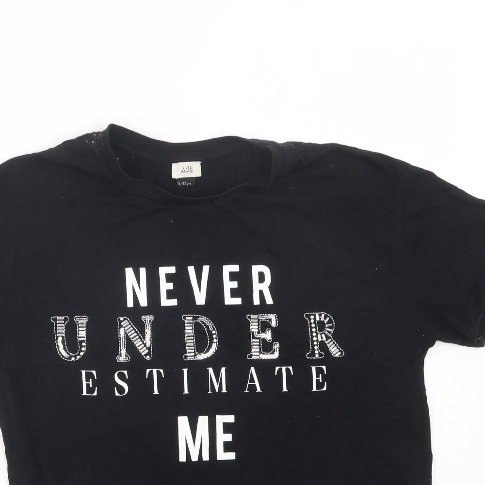 River Island Girls Black  Cotton Basic T-Shirt Size 11-12 Years Crew Neck