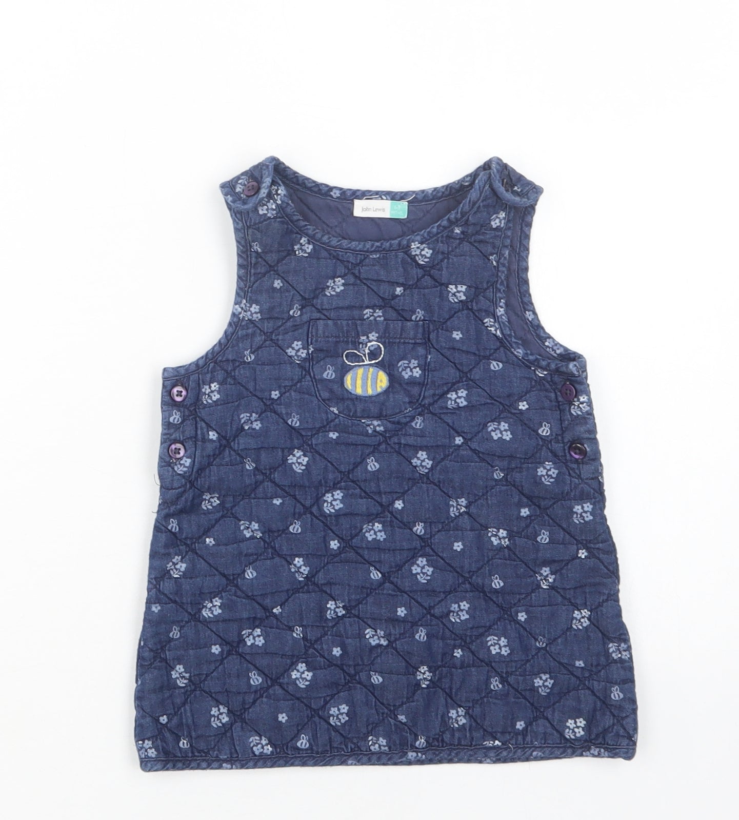 John Lewis Baby Blue Floral Cotton A-Line  Size 6-9 Months  Crew Neck Button - Bee