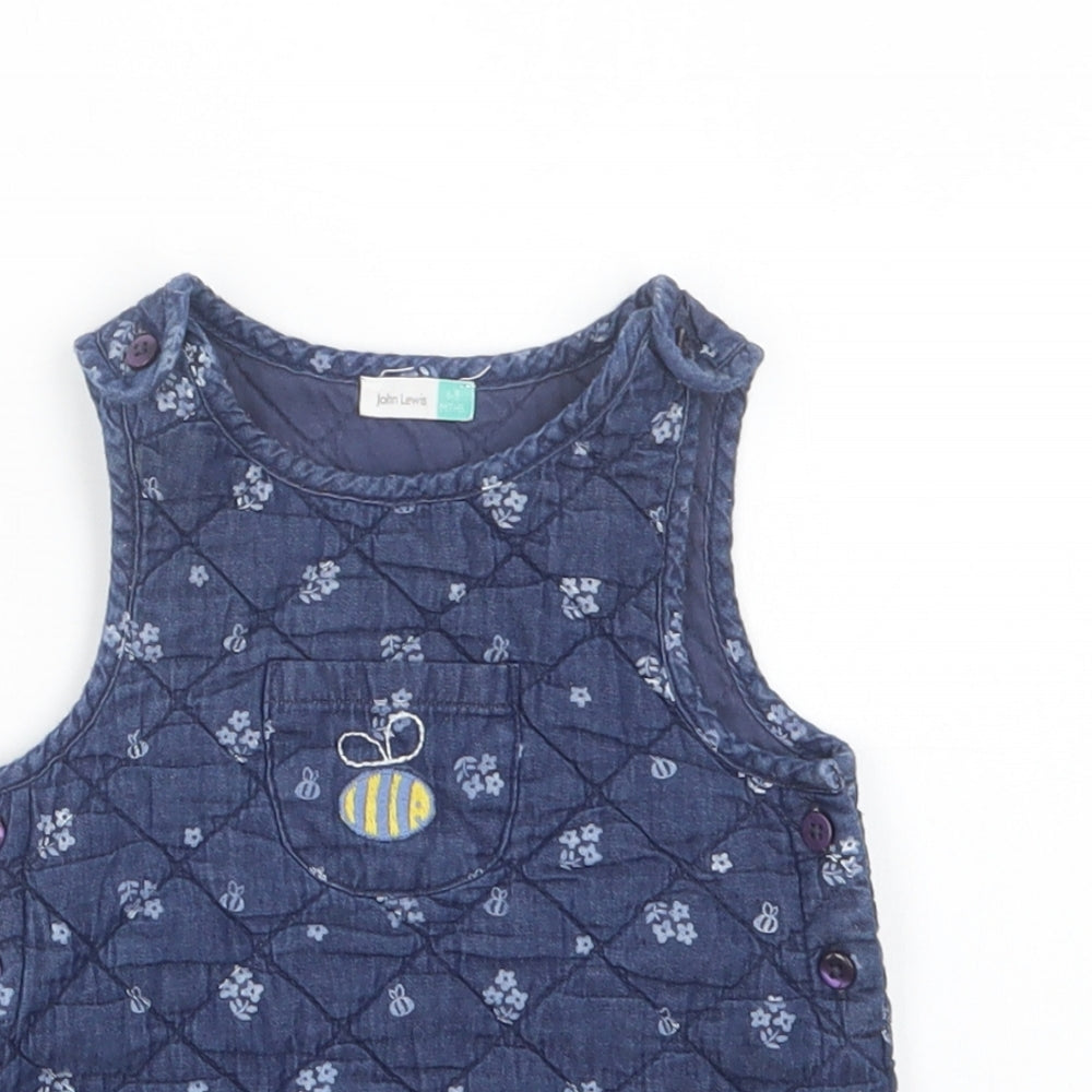 John Lewis Baby Blue Floral Cotton A-Line  Size 6-9 Months  Crew Neck Button - Bee