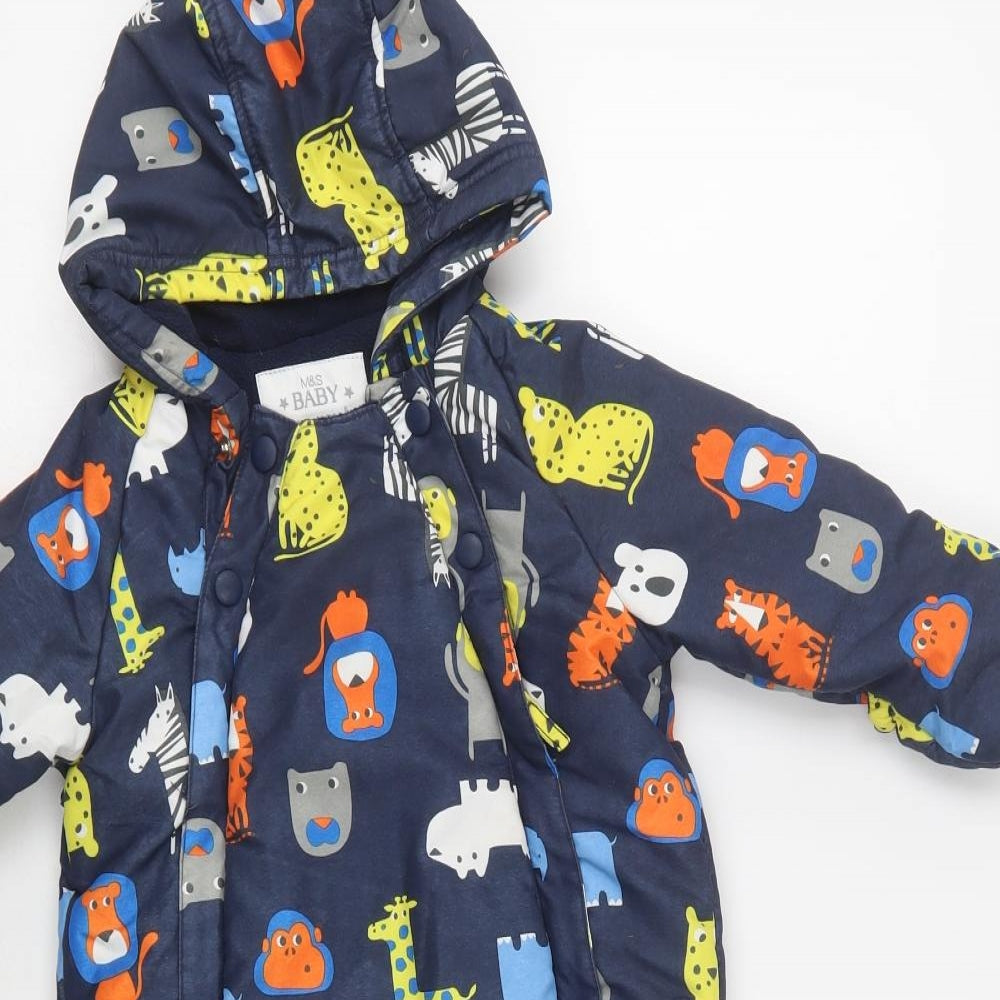 M&S Baby Blue Geometric   Snowsuit Size 12-18 Months   Snap - Cute Animals Print