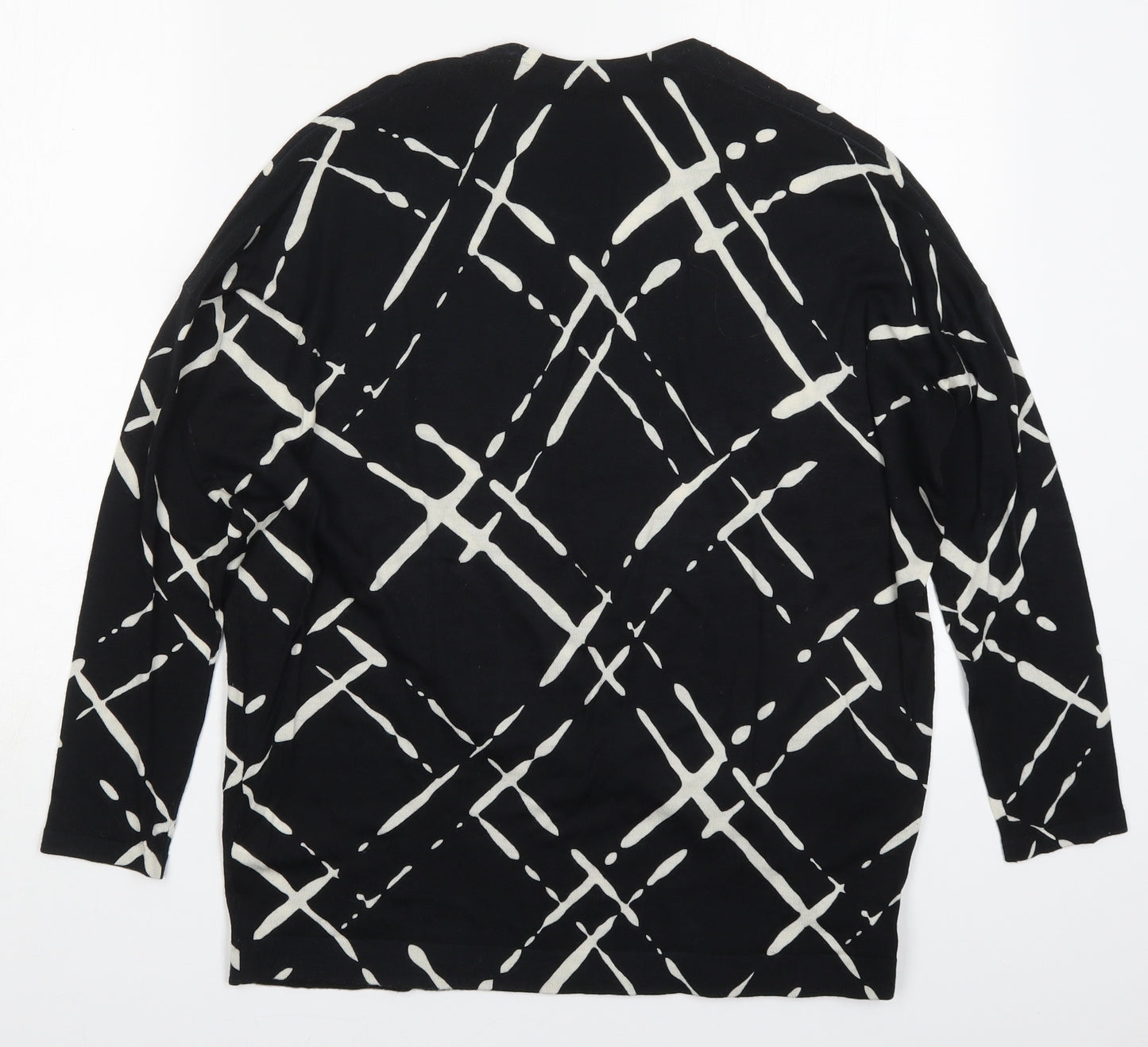 Escacda Womens Black V-Neck Geometric Wool Pullover Jumper Size S