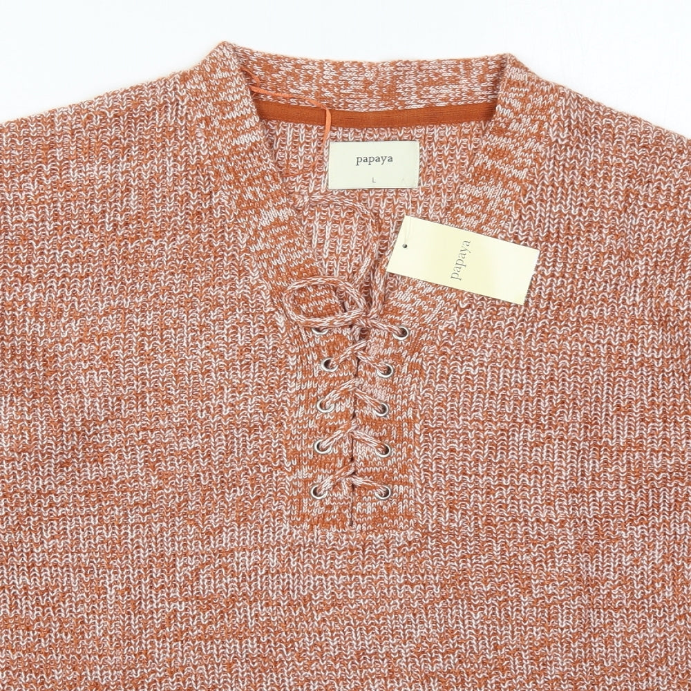 Papaya Womens Orange V-Neck  Acrylic Pullover Jumper Size L