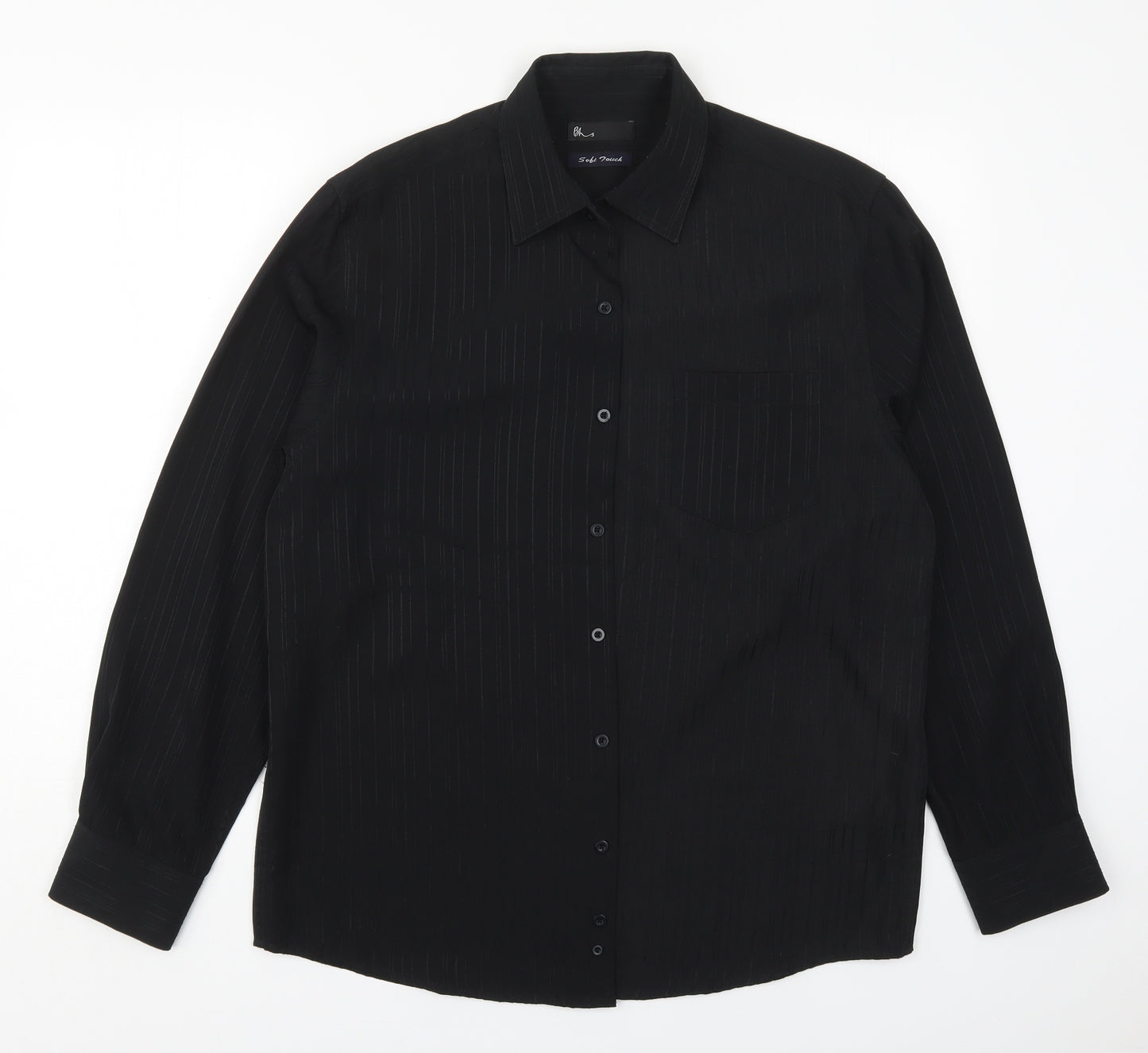 BHS Mens Black Striped Polyester  Dress Shirt Size M Collared Button