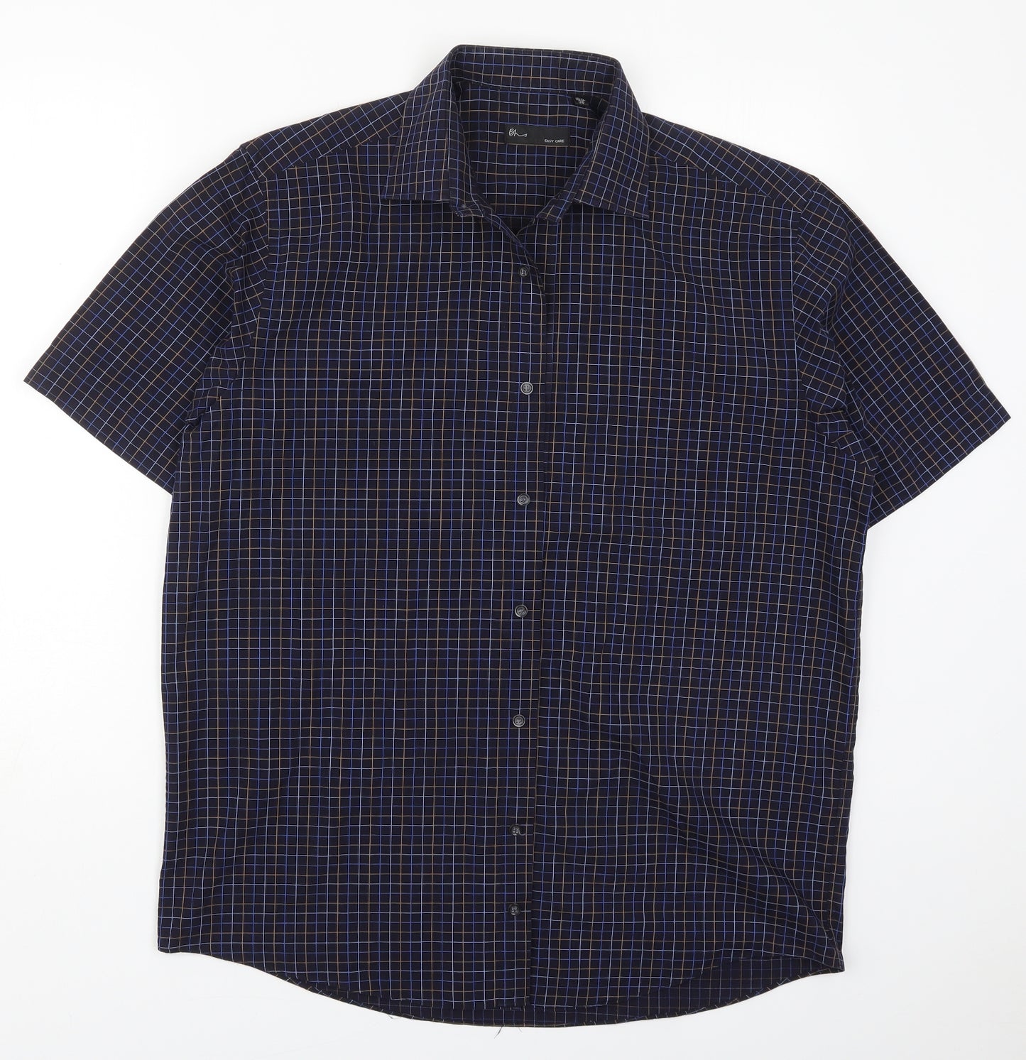 BHS Mens Blue Check Polyester  Button-Up Size 15.5 Collared Button