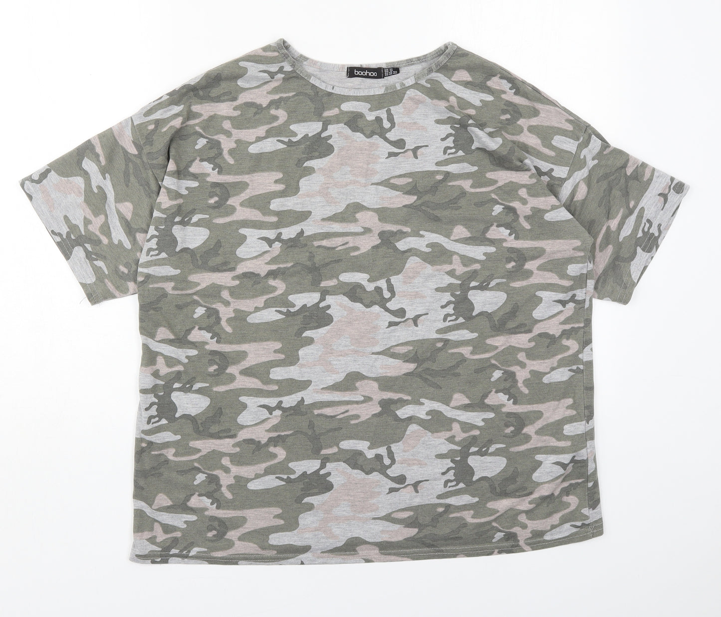 Boohoo Womens Green Camouflage Viscose Basic T-Shirt Size 16 Crew Neck