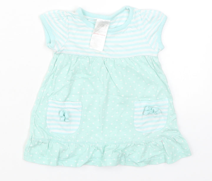 Baby Girls Green Striped Cotton Skater Dress Size 3-6 Months Round Neck Pullover - Polka Dot