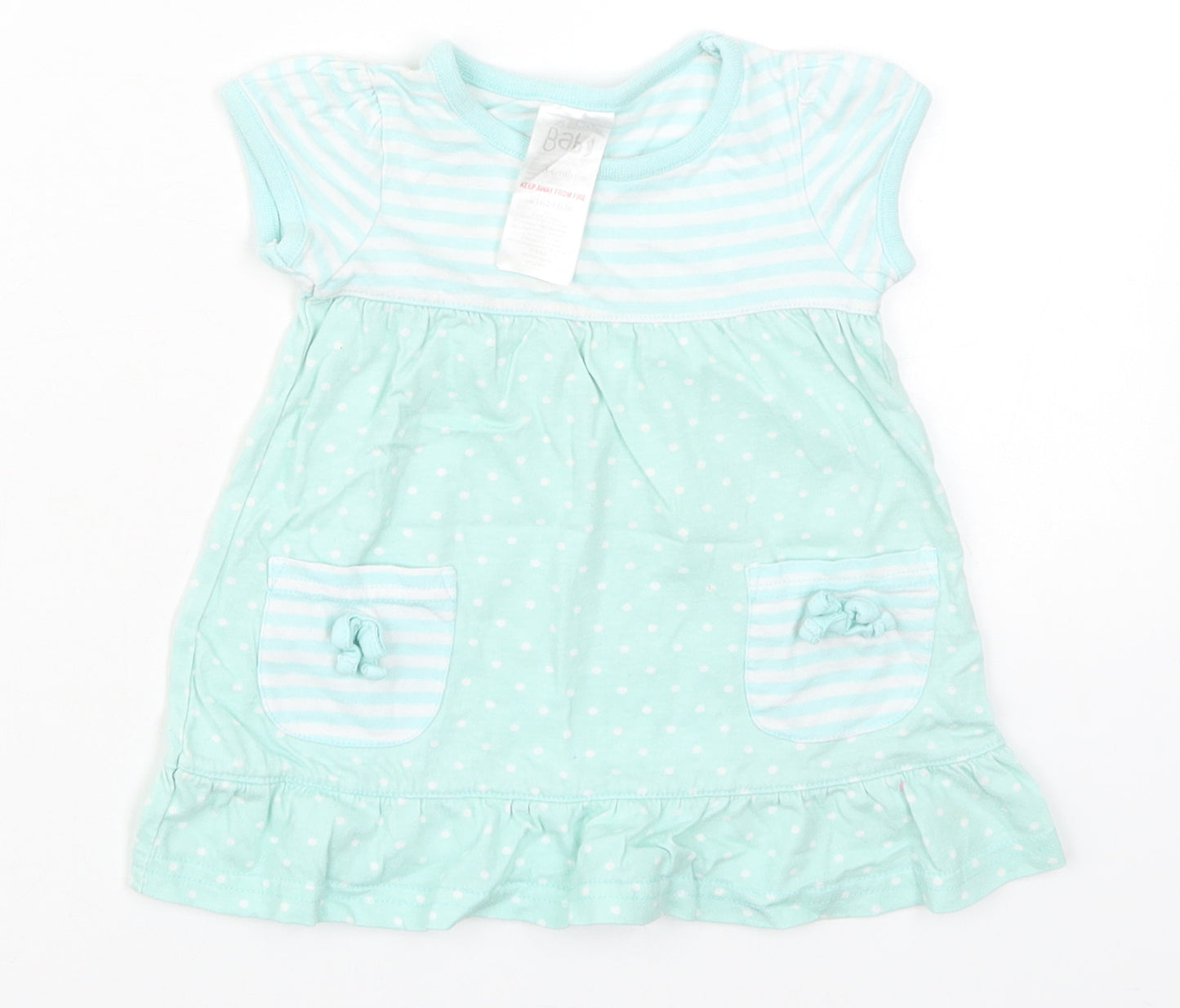 Baby Girls Green Striped Cotton Skater Dress  Size 3-6 Months  Round Neck Pullover - Polka Dot