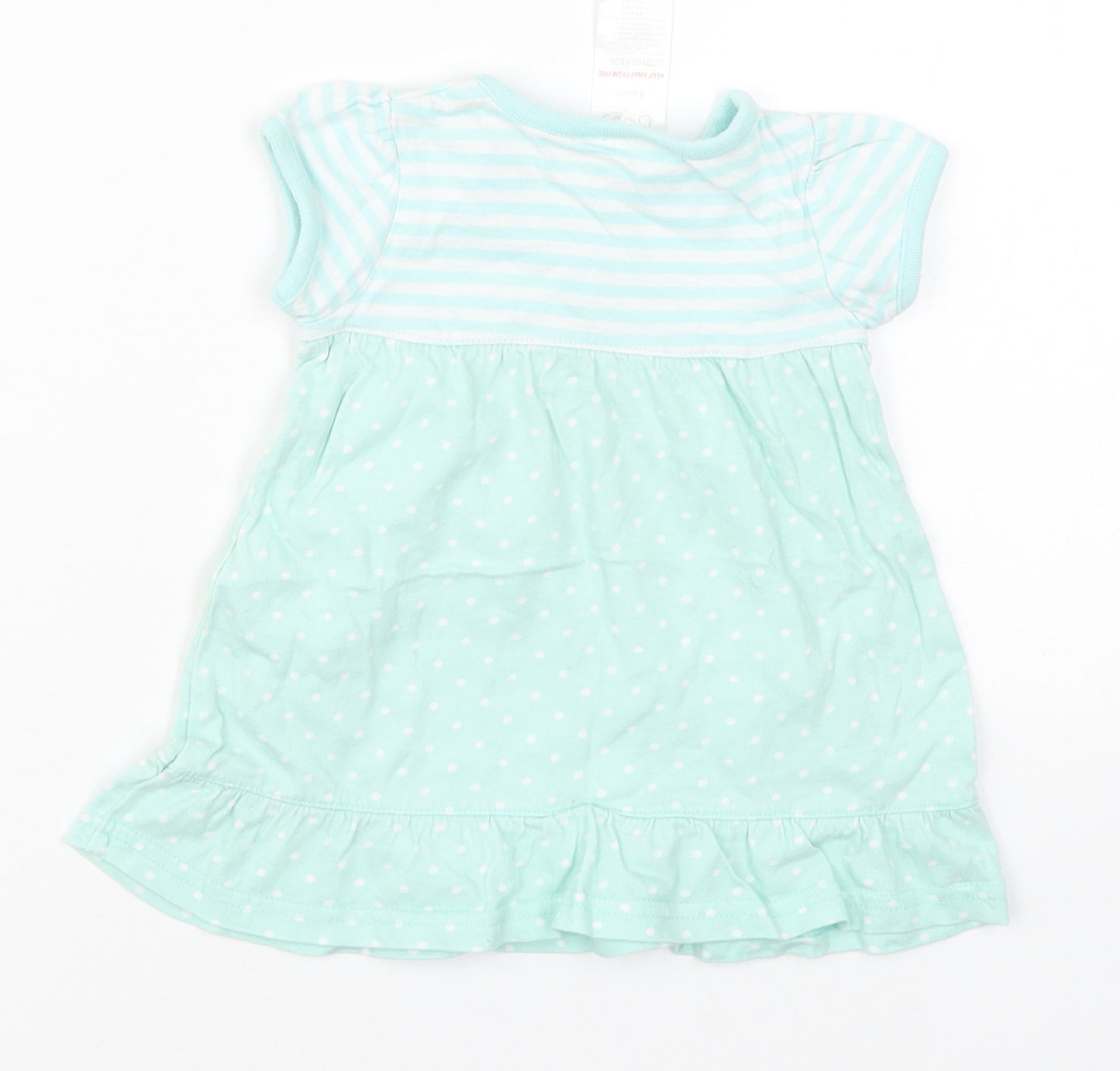 Baby Girls Green Striped Cotton Skater Dress  Size 3-6 Months  Round Neck Pullover - Polka Dot