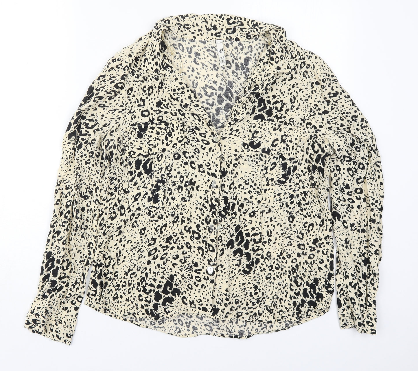 Zara Womens Beige Animal Print Viscose Basic Button-Up Size L Collared
