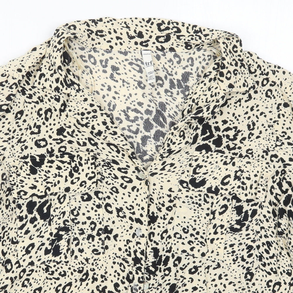 Zara Womens Beige Animal Print Viscose Basic Button-Up Size L Collared