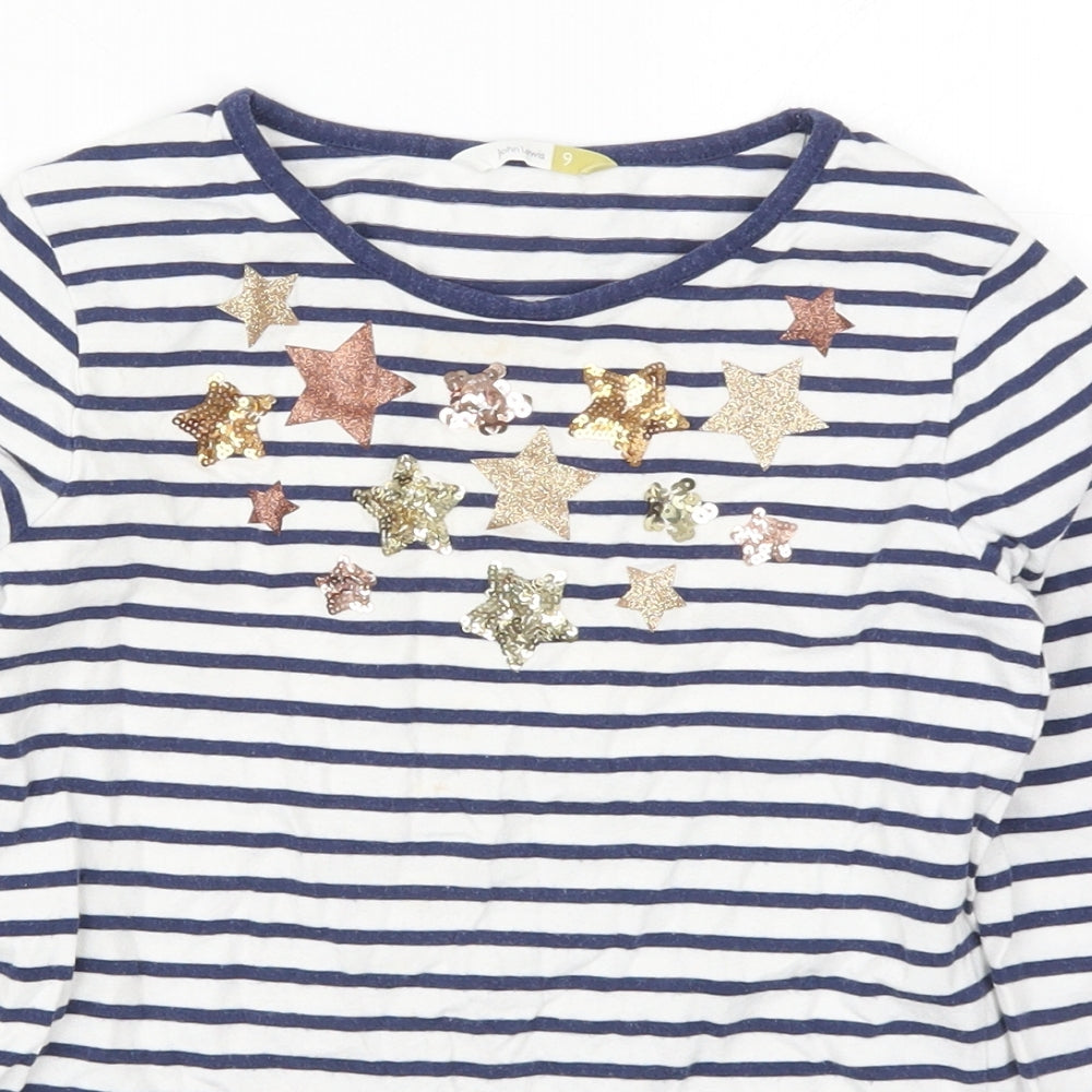 John Lewis Girls Blue Striped Cotton Basic T-Shirt Size 9 Years Round Neck Pullover - Stars