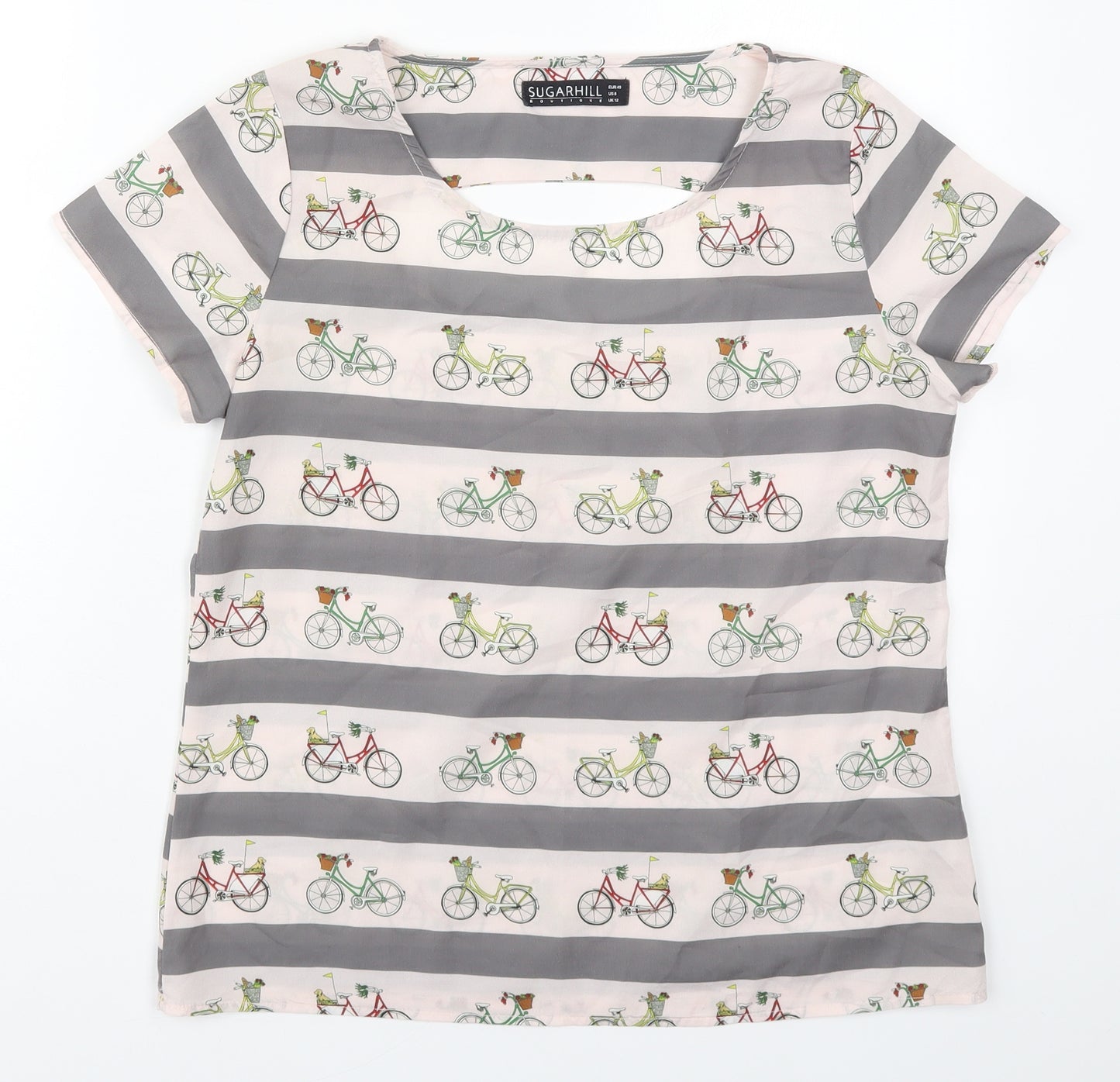 Sugarhill Womens Grey Striped Polyester Basic T-Shirt Size 12 Round Neck - Bicycles