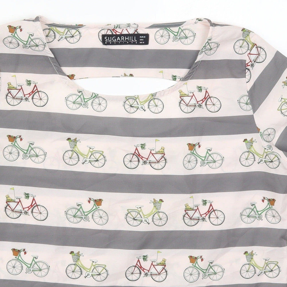 Sugarhill Womens Grey Striped Polyester Basic T-Shirt Size 12 Round Neck - Bicycles