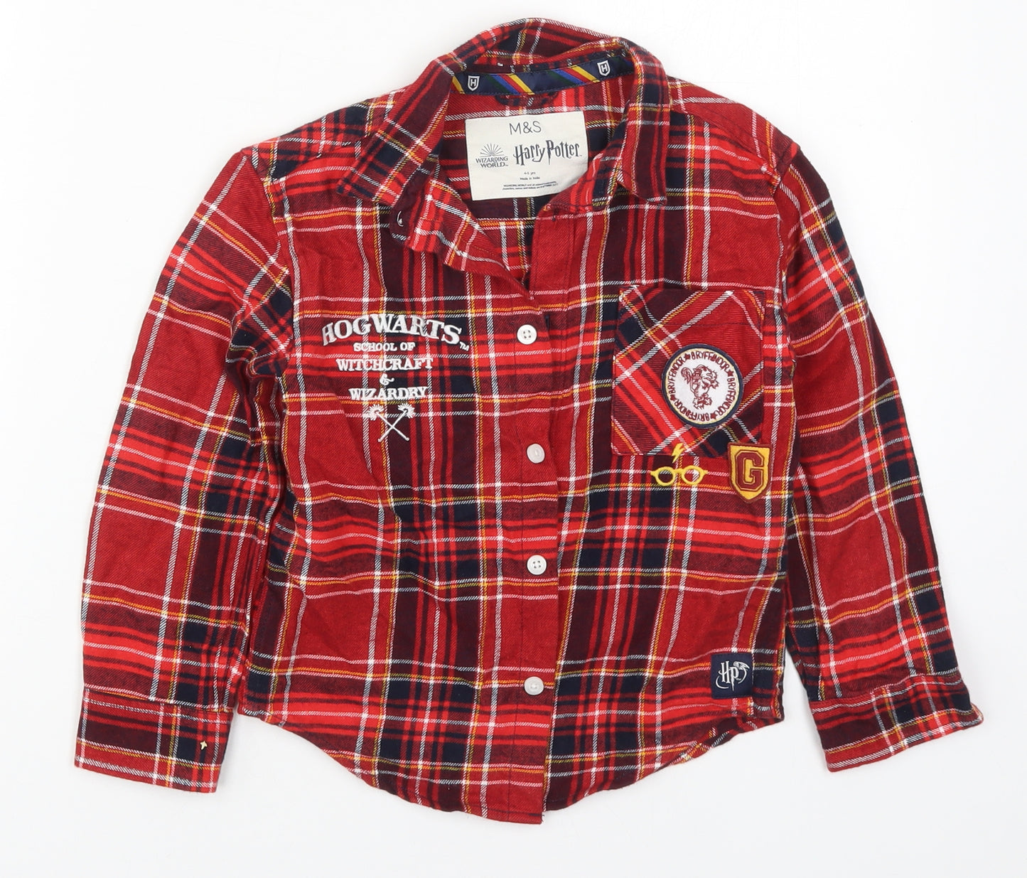 Marks and Spencer Boys Red Check Cotton Basic Button-Up Size 4-5 Years Collared Button - Harry Potter