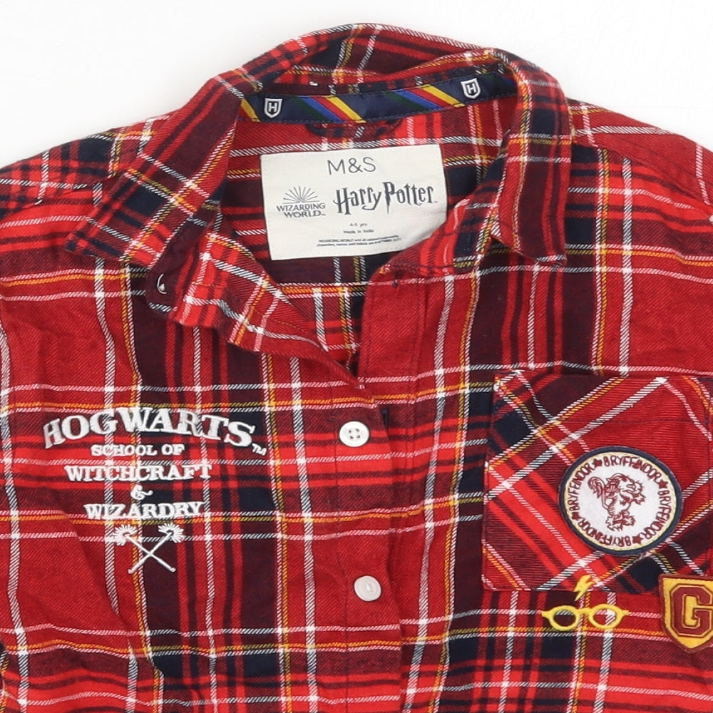 Marks and Spencer Boys Red Check Cotton Basic Button-Up Size 4-5 Years Collared Button - Harry Potter