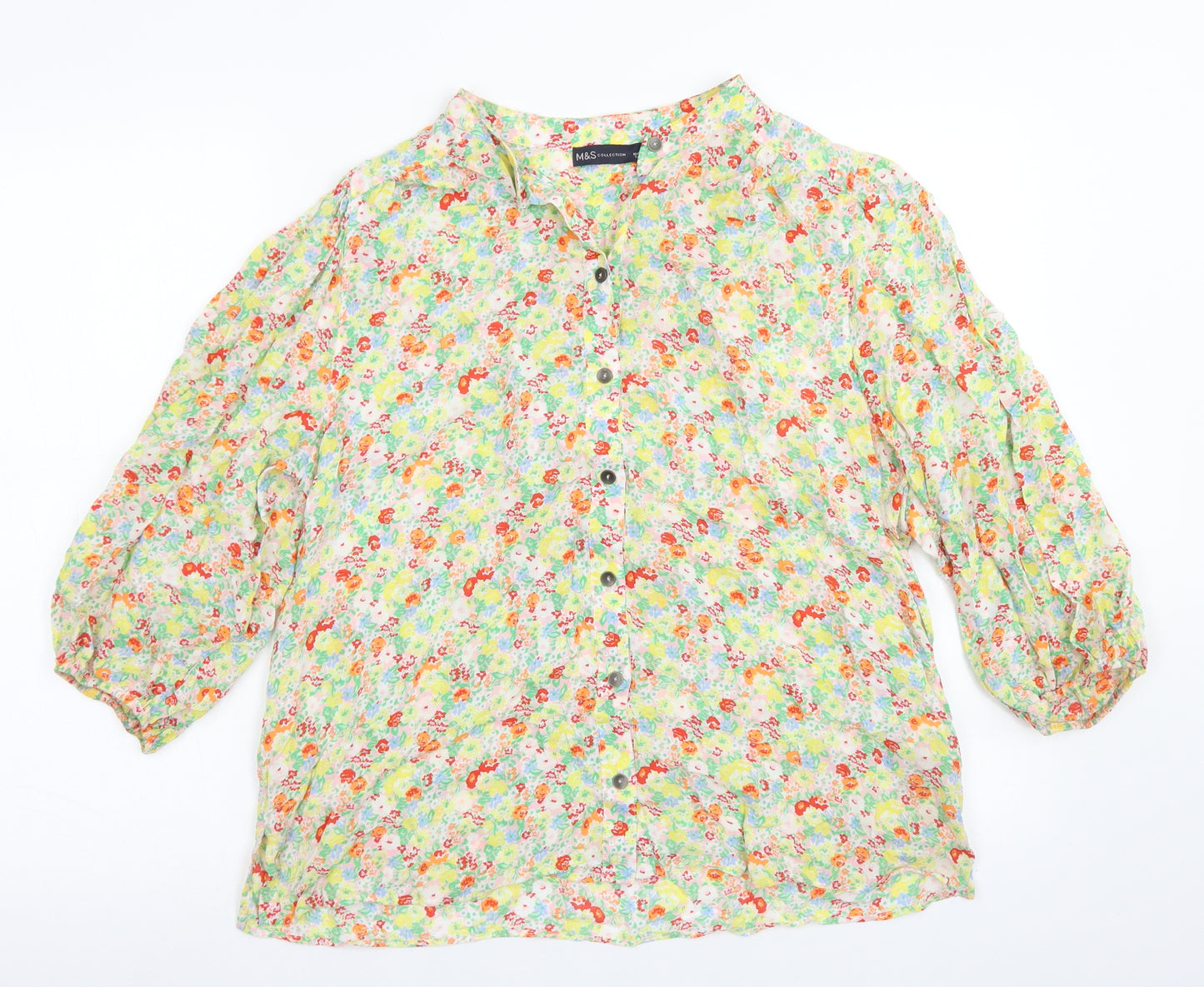 M&S Collection Womens Yellow Floral Viscose Basic Blouse Size 14 Round Neck - Puff Sleeve
