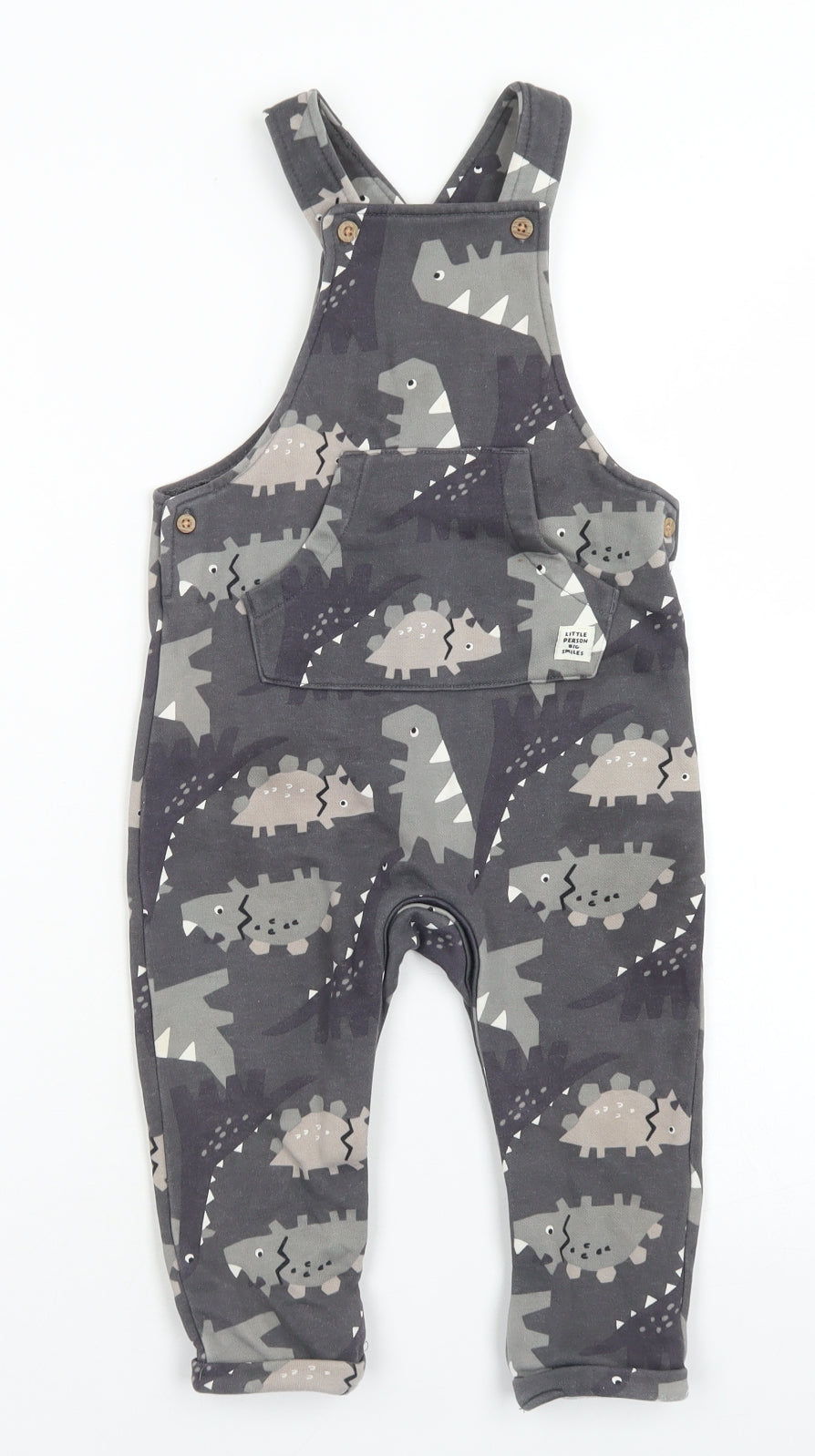 F&F Boys Grey  Cotton Dungaree One-Piece Size 18-24 Months  Button - Dinosaur Print