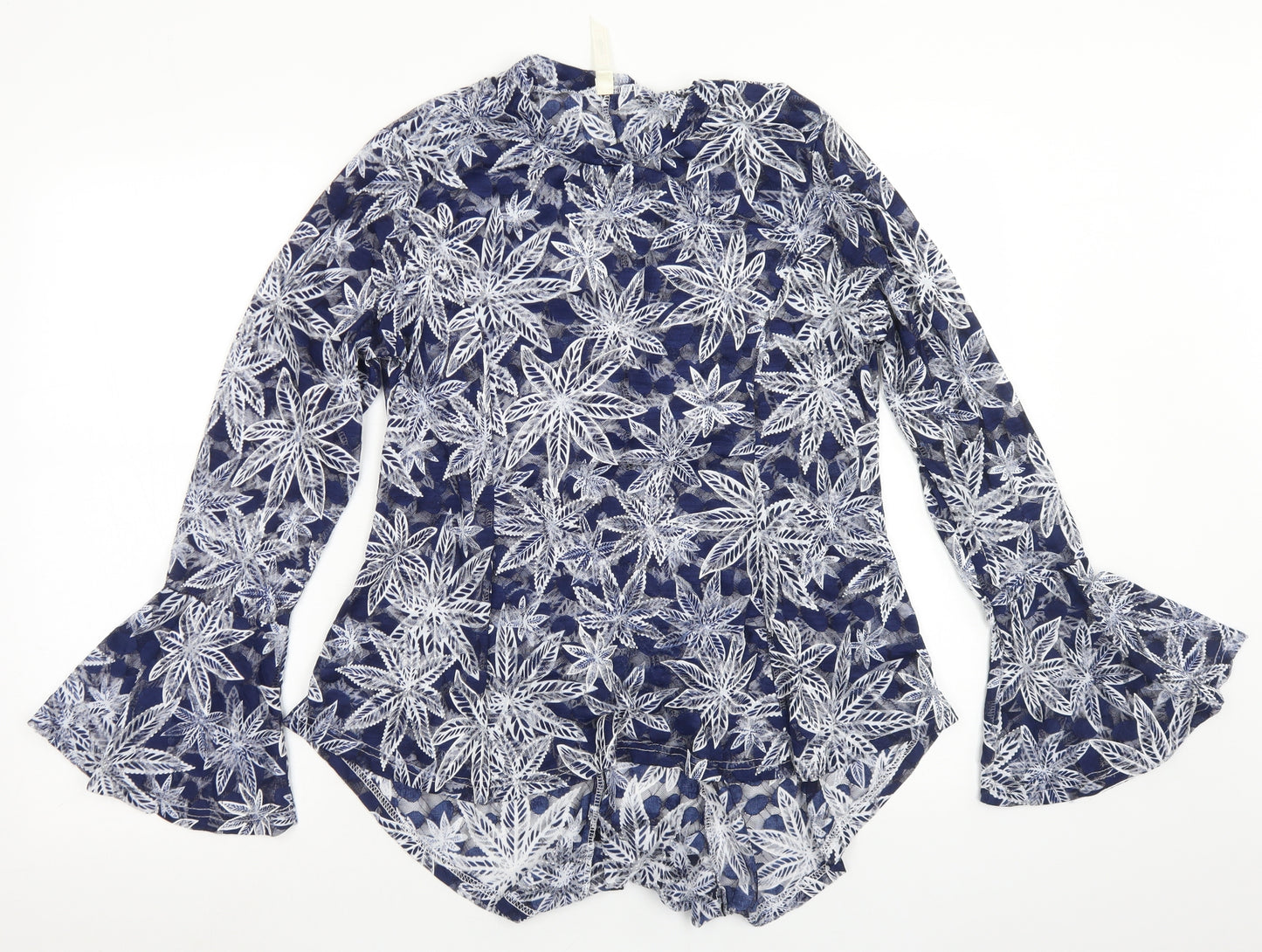 Stella Morgan Womens Blue Floral Nylon Basic Blouse Size XL Round Neck - Bell Sleeve