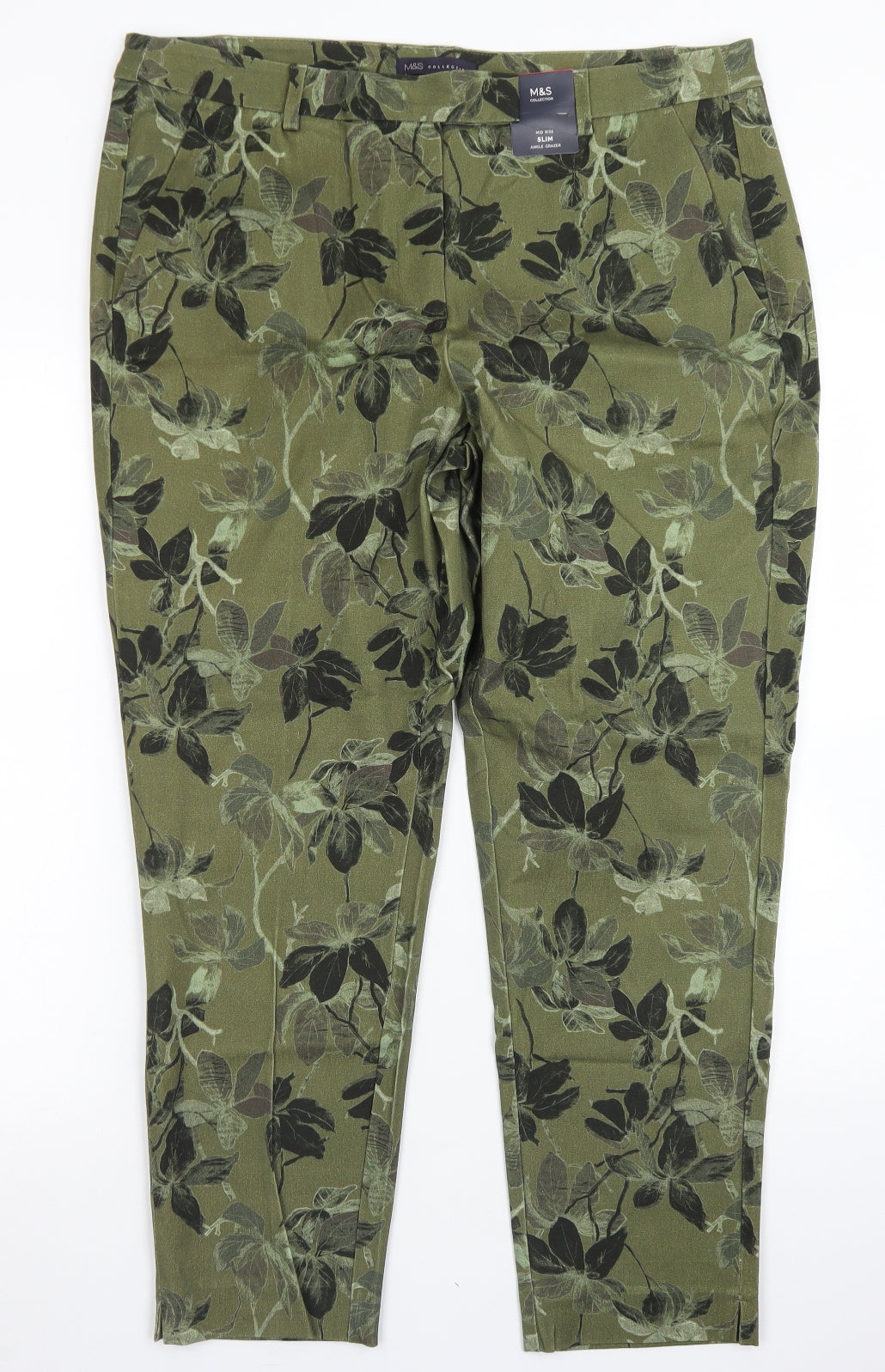 M&S Collection Womens Green Floral Viscose Dress Pants Trousers Size 18 L26 in Slim Hook & Eye