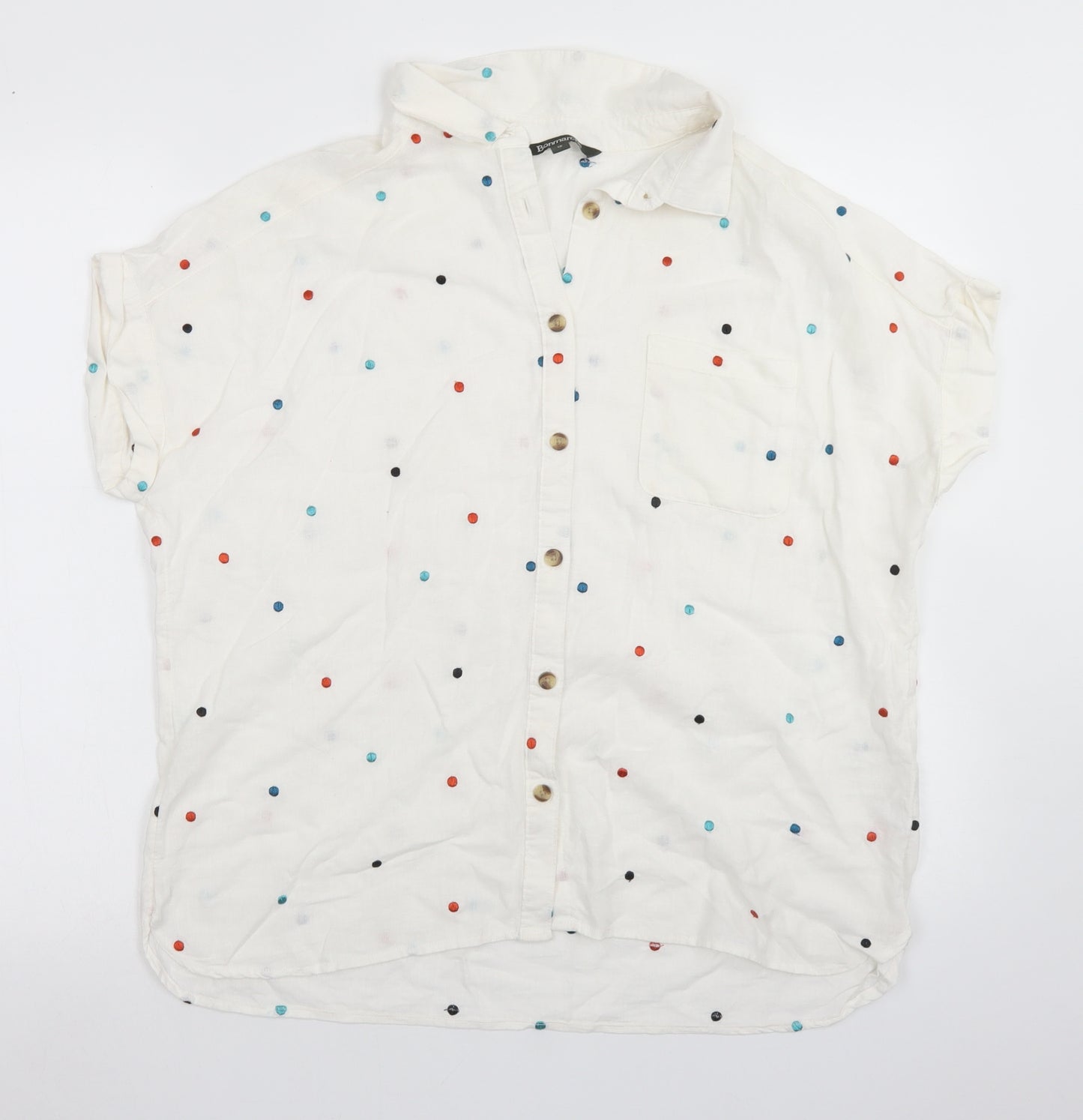Bonmarché Womens White Polka Dot Linen Basic Button-Up Size 12 Collared