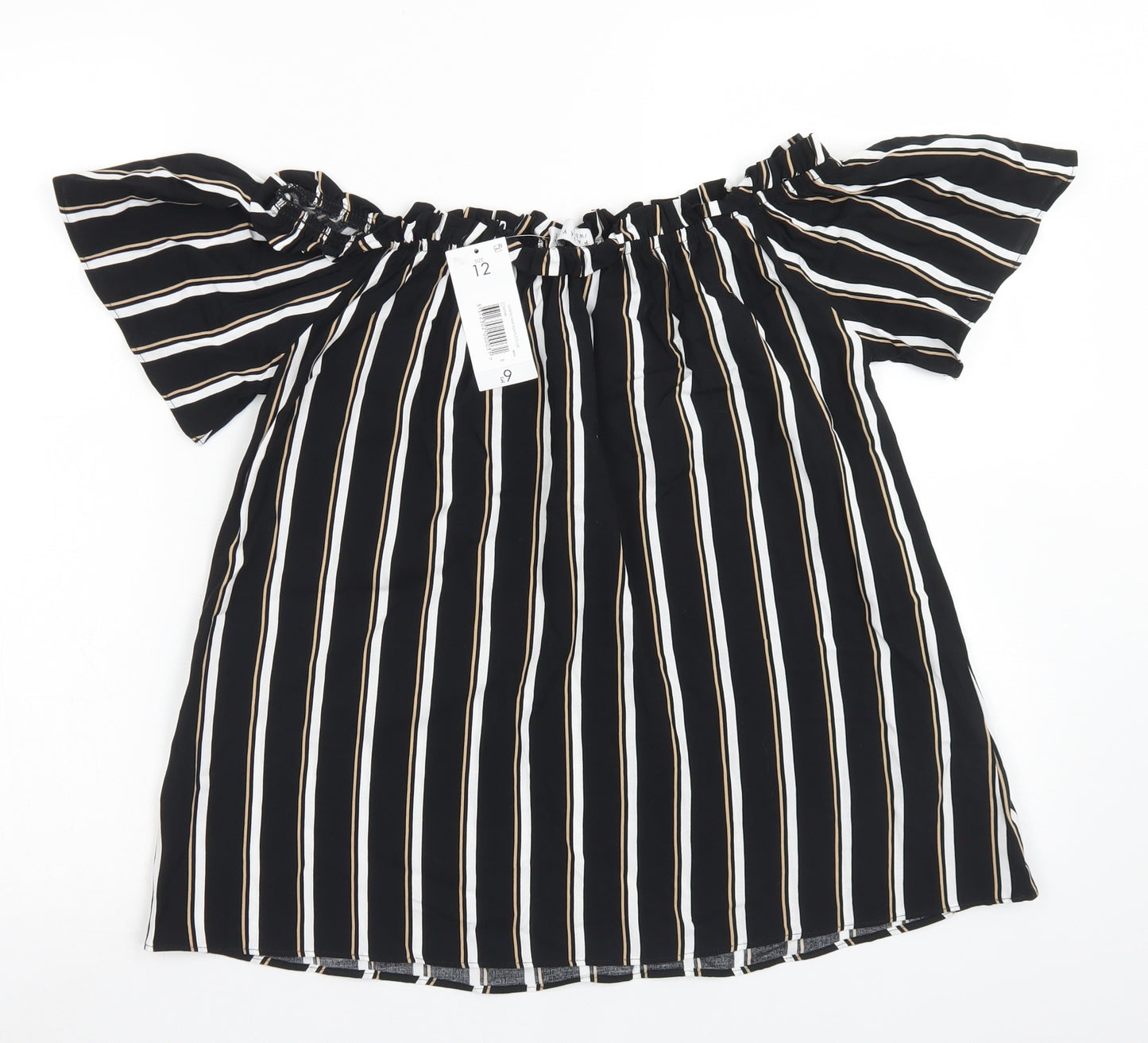 Papaya Womens Black Striped Viscose Basic Blouse Size 12 Off the Shoulder