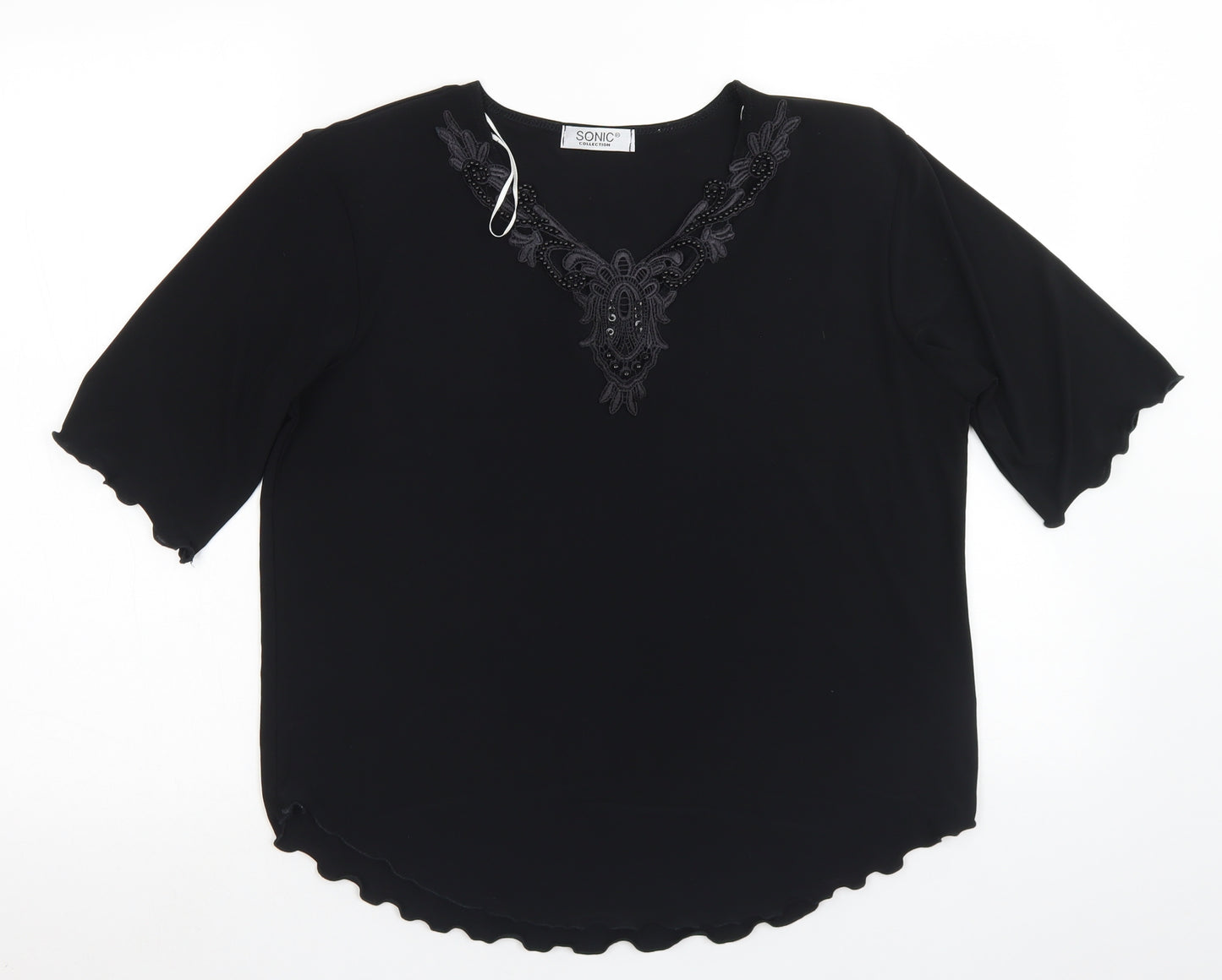 Sonic Collection Womens Black  Polyester Basic Blouse Size M V-Neck - Lettuce Edging