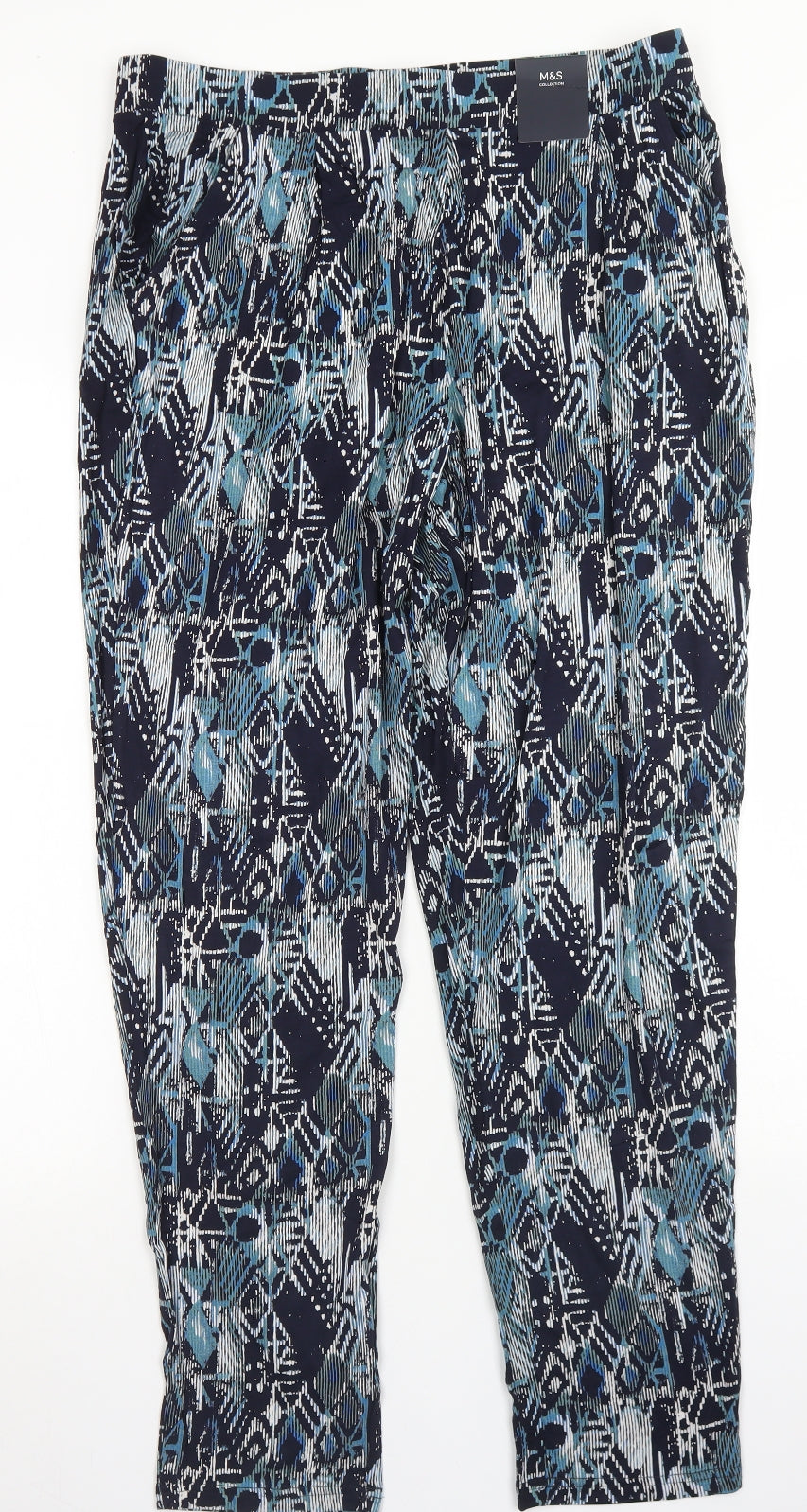 M&S Collection Womens Blue Geometric Viscose Harem Trousers Size 14 L29 in Regular