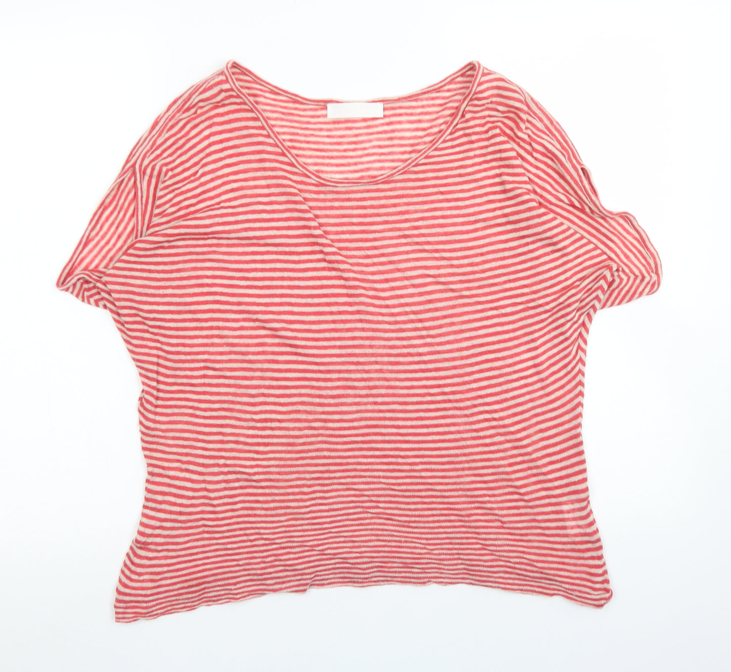 NICOLE FARHI Womens Red Striped Linen Basic T-Shirt Size XL Round Neck