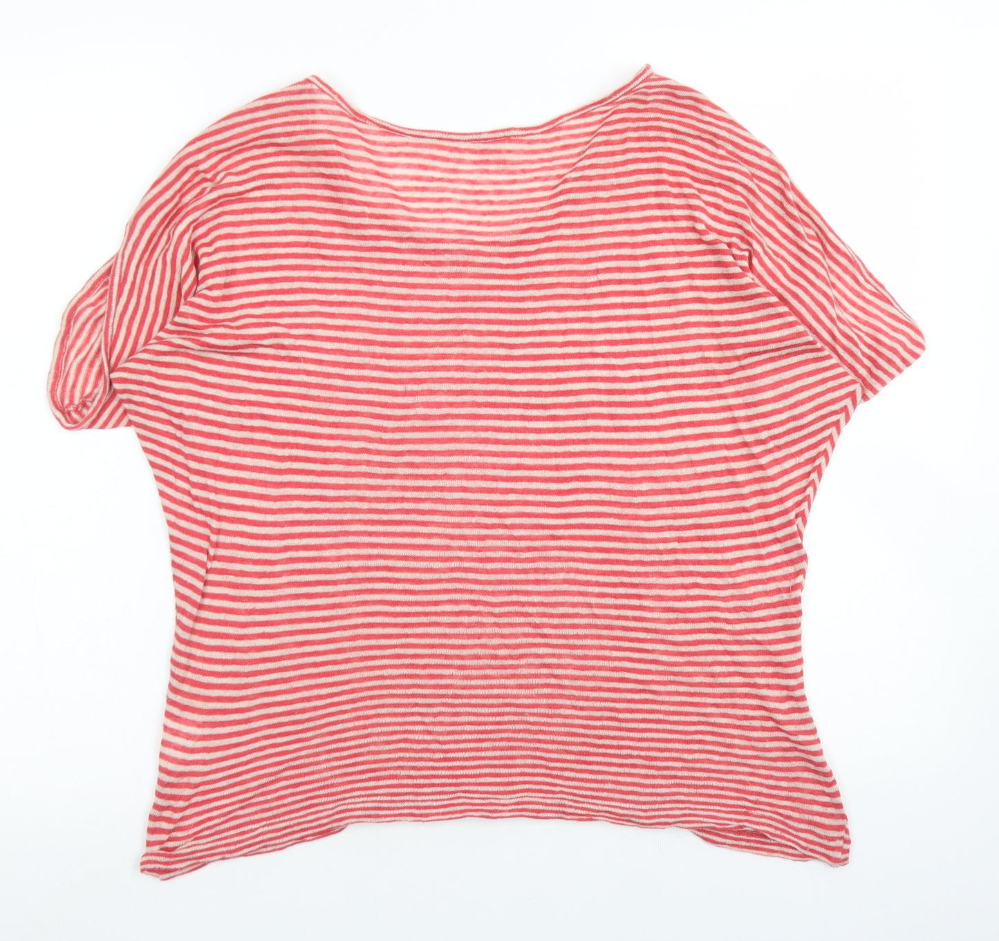 NICOLE FARHI Womens Red Striped Linen Basic T-Shirt Size XL Round Neck